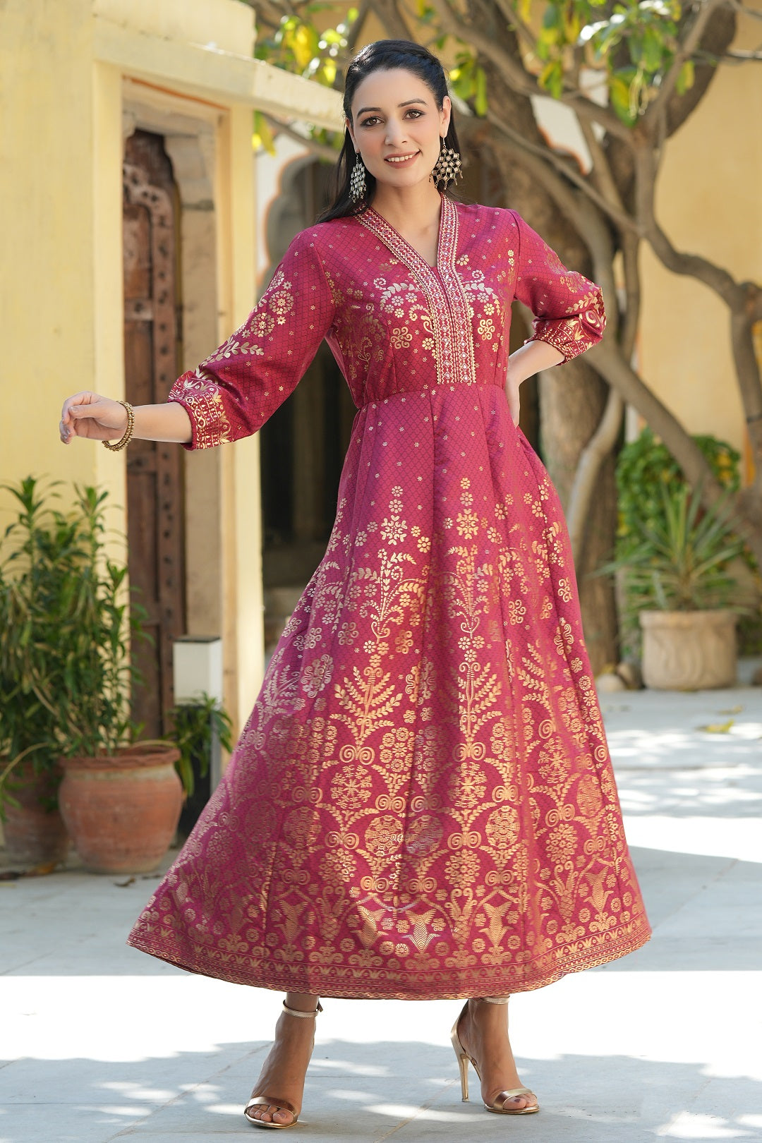 Juniper Maroon Rayon Printed Anarkali Dress