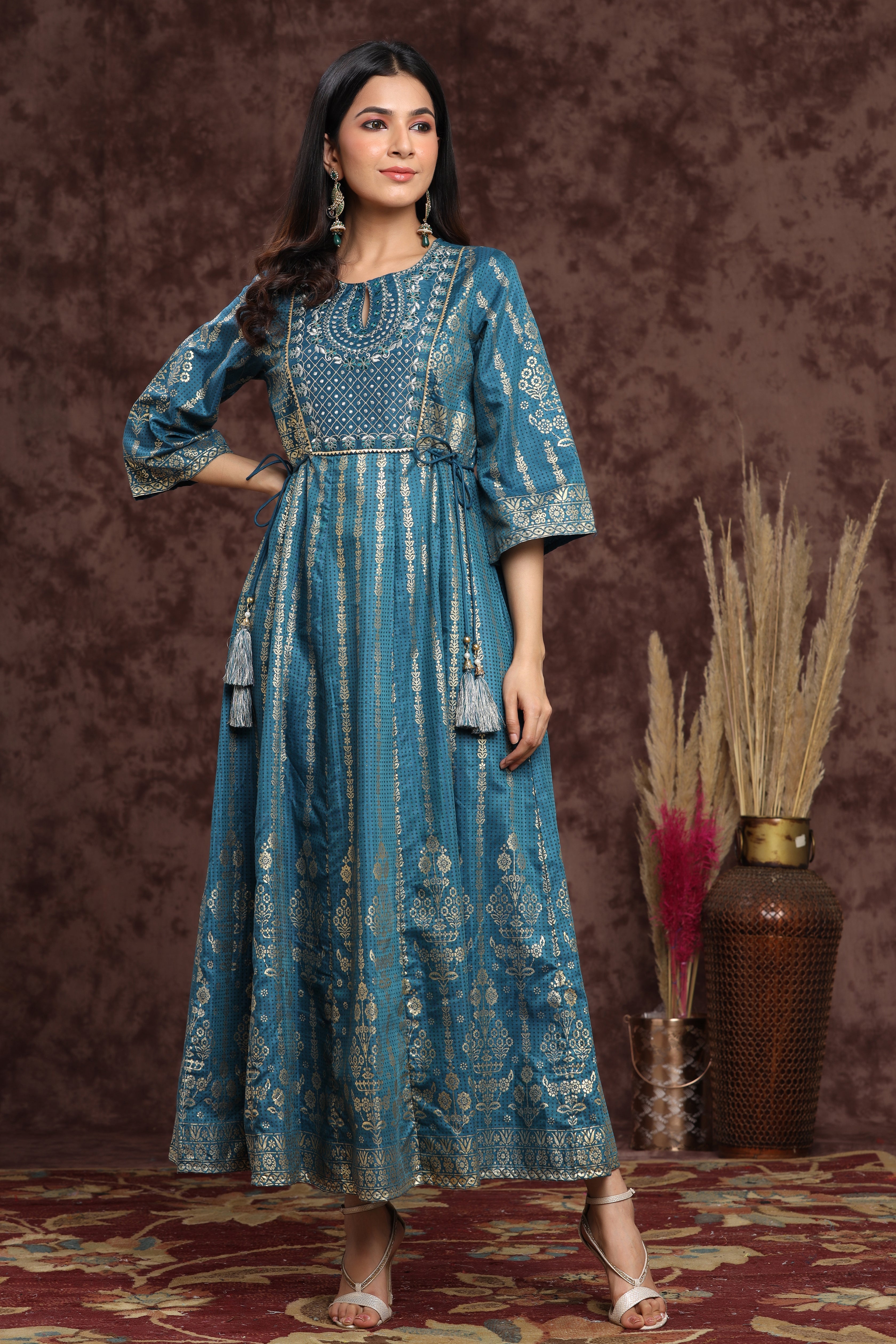 Juniper Teal Ethnic Motif Printed Shantoon Anarkali Dress.