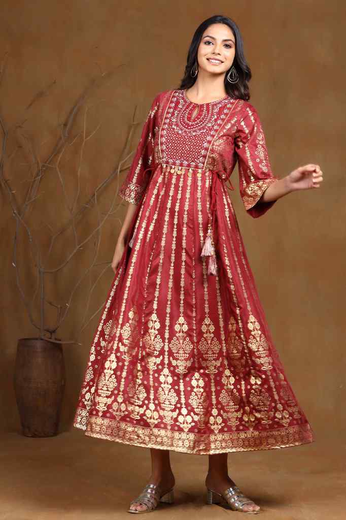 Juniper Maroon Ethnic Motif Printed Shantoon Anarkali Dress.