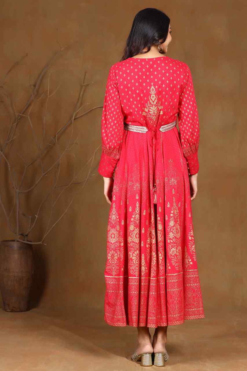 Juniper Fuschia Rayon Printed Flared Dress With Belt
