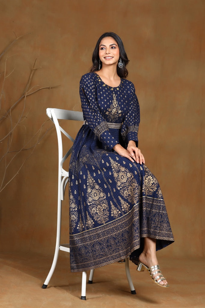 Juniper Navyblue LIVA Printed Flared Dress With Belt