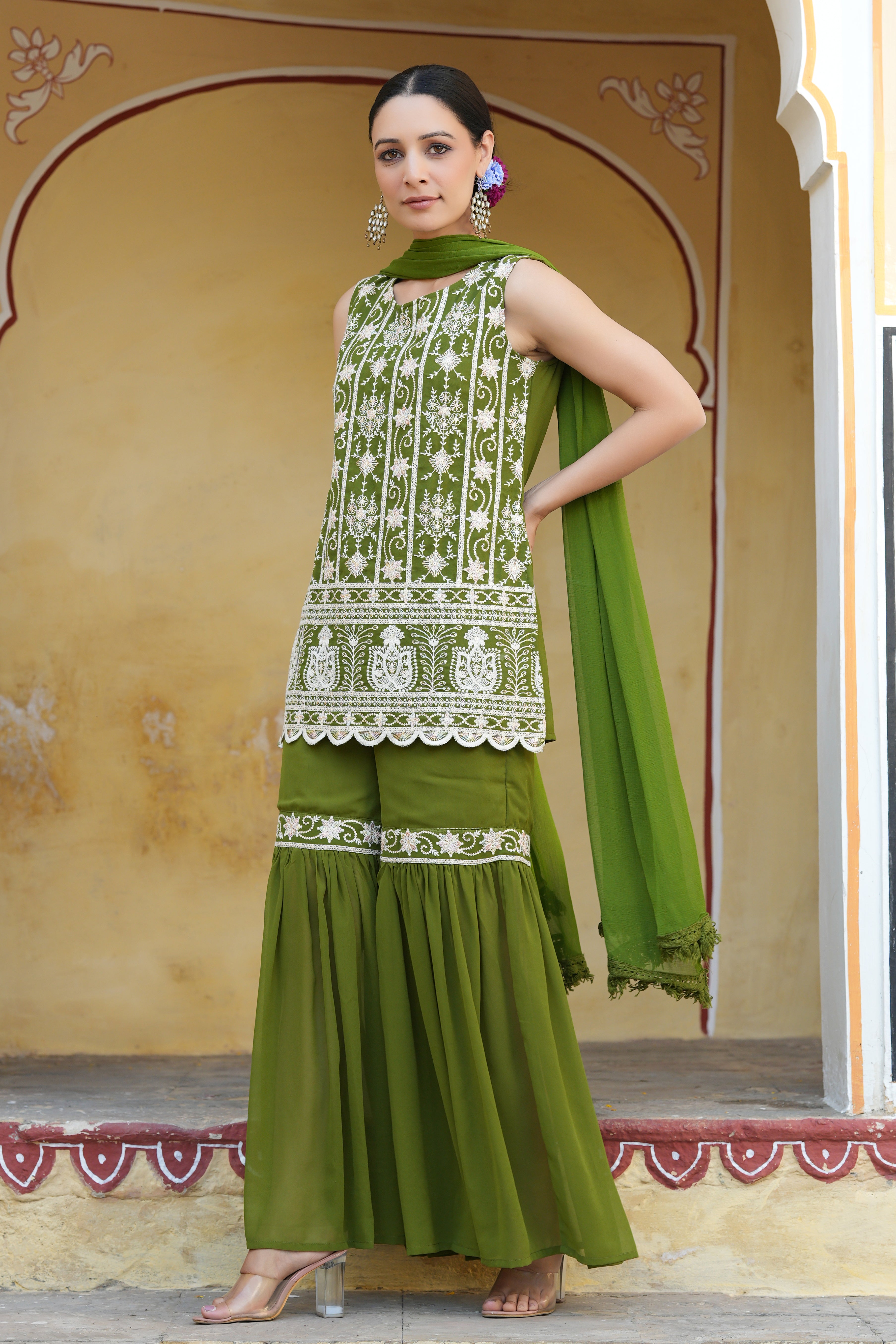Juniper Mehendi Green Ethnic Motif Printed Georgette Kurta Sharara & Dupatta Set With Thread Work Embroidery