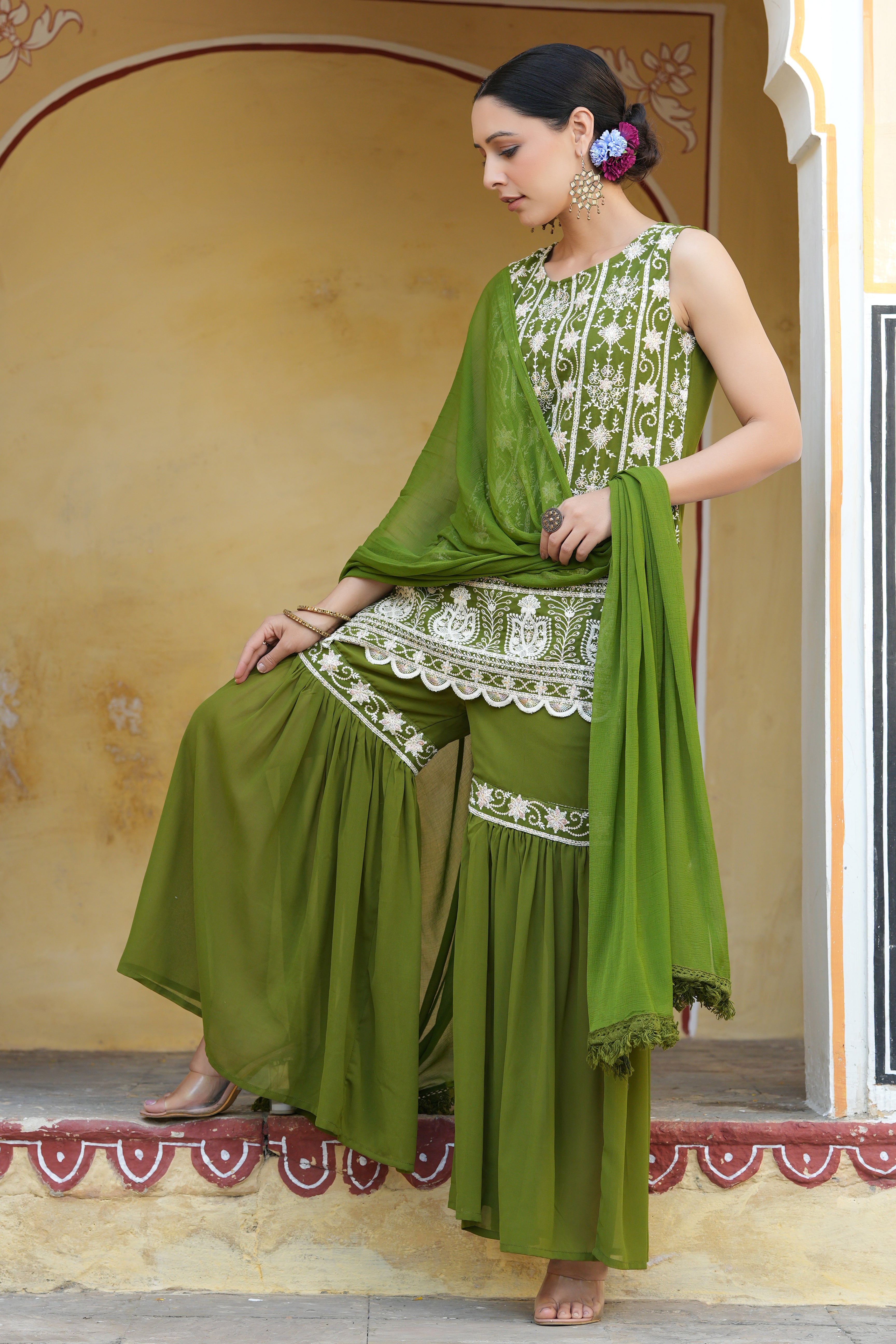 Juniper Mehendi Green Ethnic Motif Printed Georgette Kurta Sharara & Dupatta Set With Thread Work Embroidery