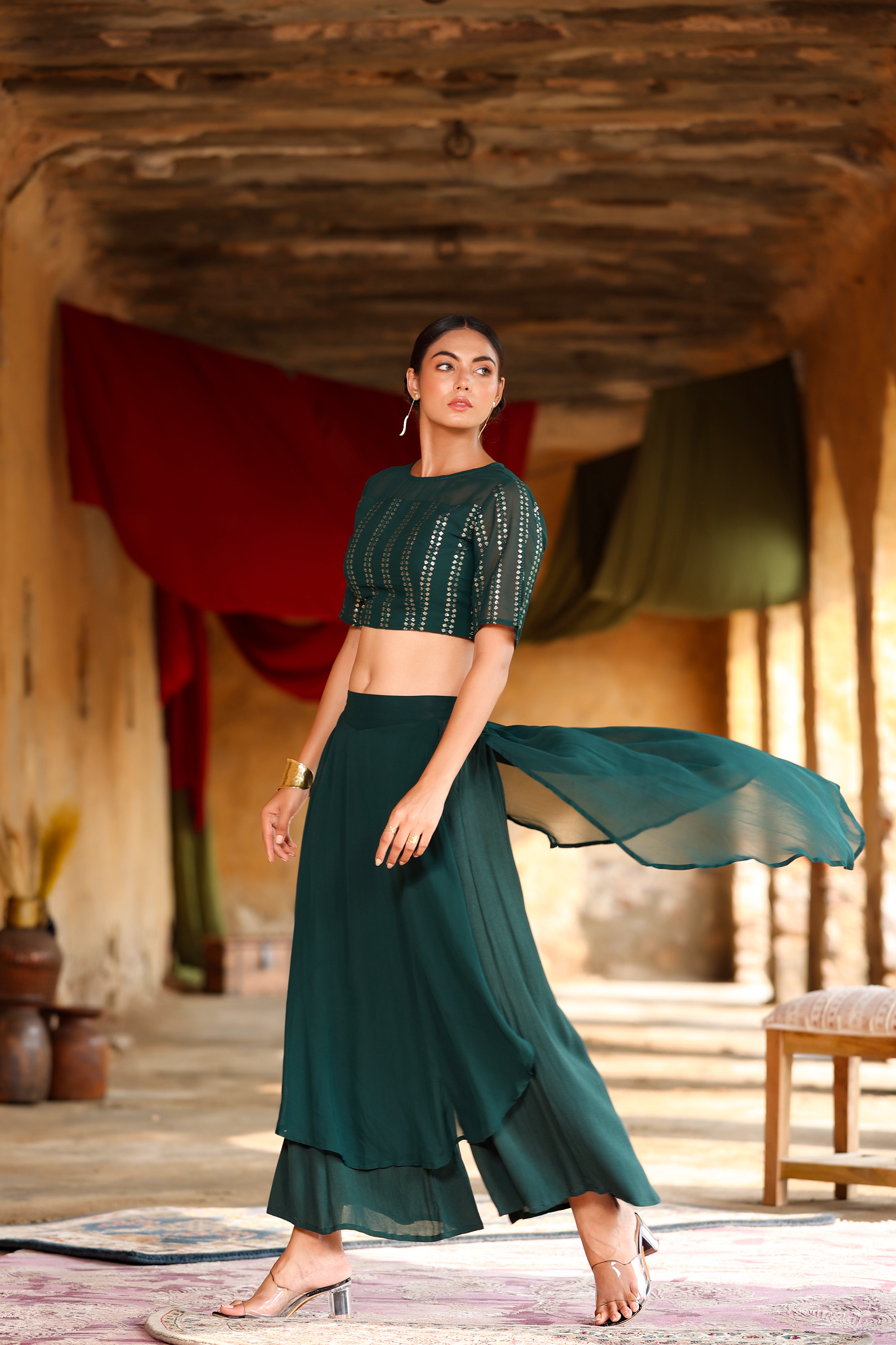 Juniper Emerald Green Georgette Co-Ord Set With Thread & Sequins Embroidery