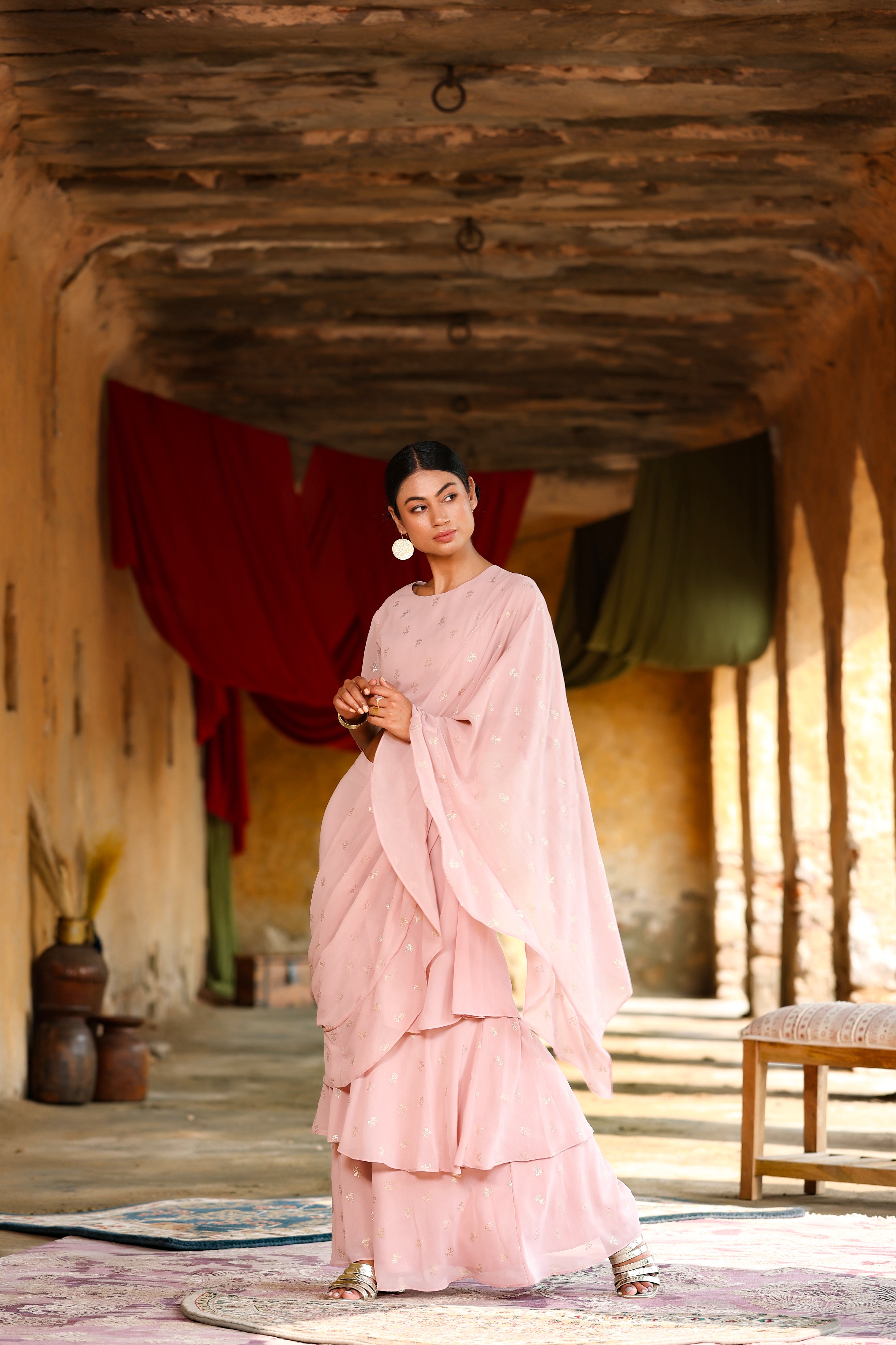 Juniper Pink Georgette Printed Saree Style Crop-Top Skirt Set