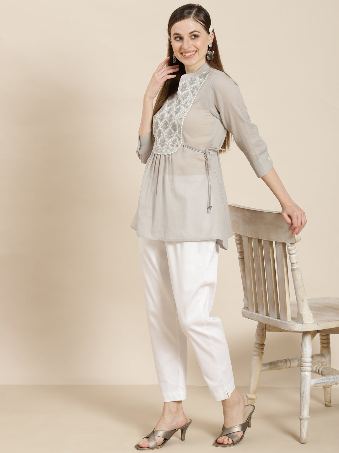 Juniper Grey Cotton Moss Embroidered A-Line Tunic