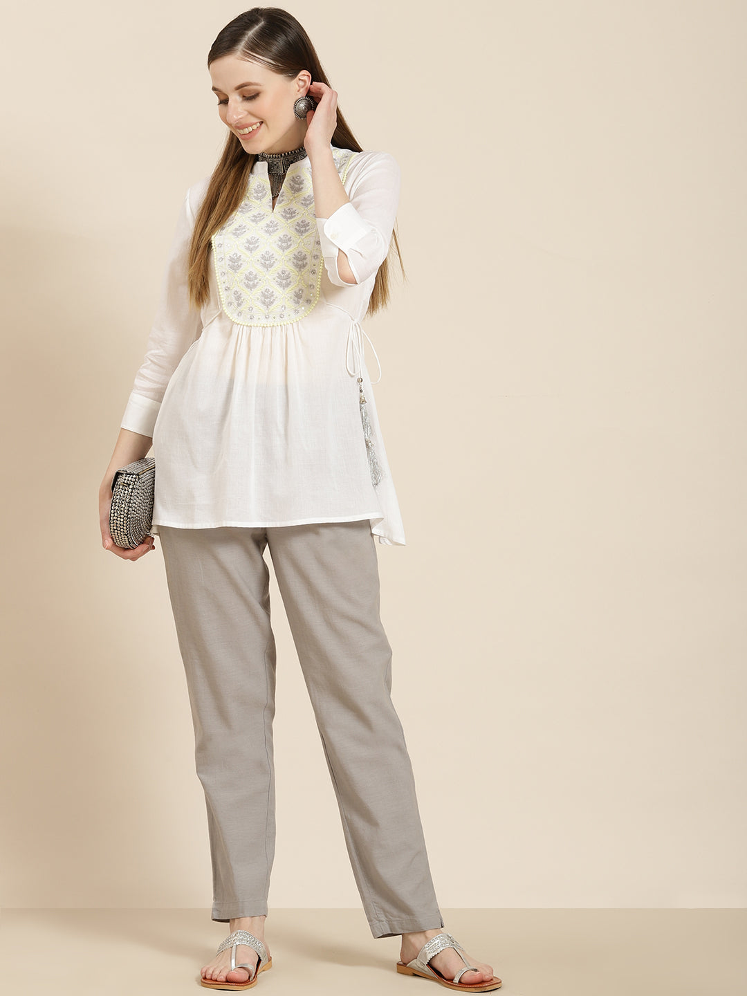 White cotton moss embroidered tunic