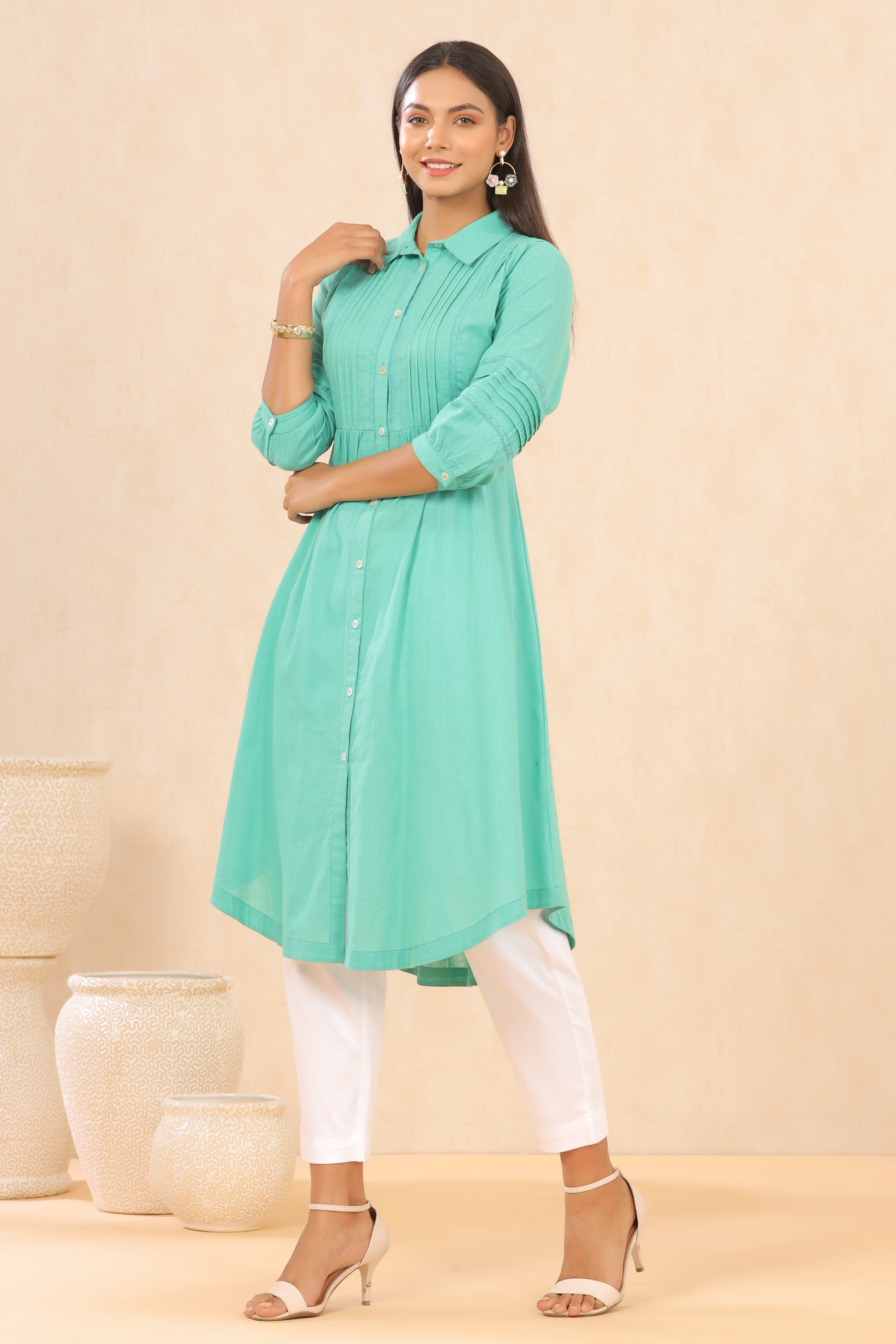 Juniper Turquoise Cotton Slub Solid A-Line Dress