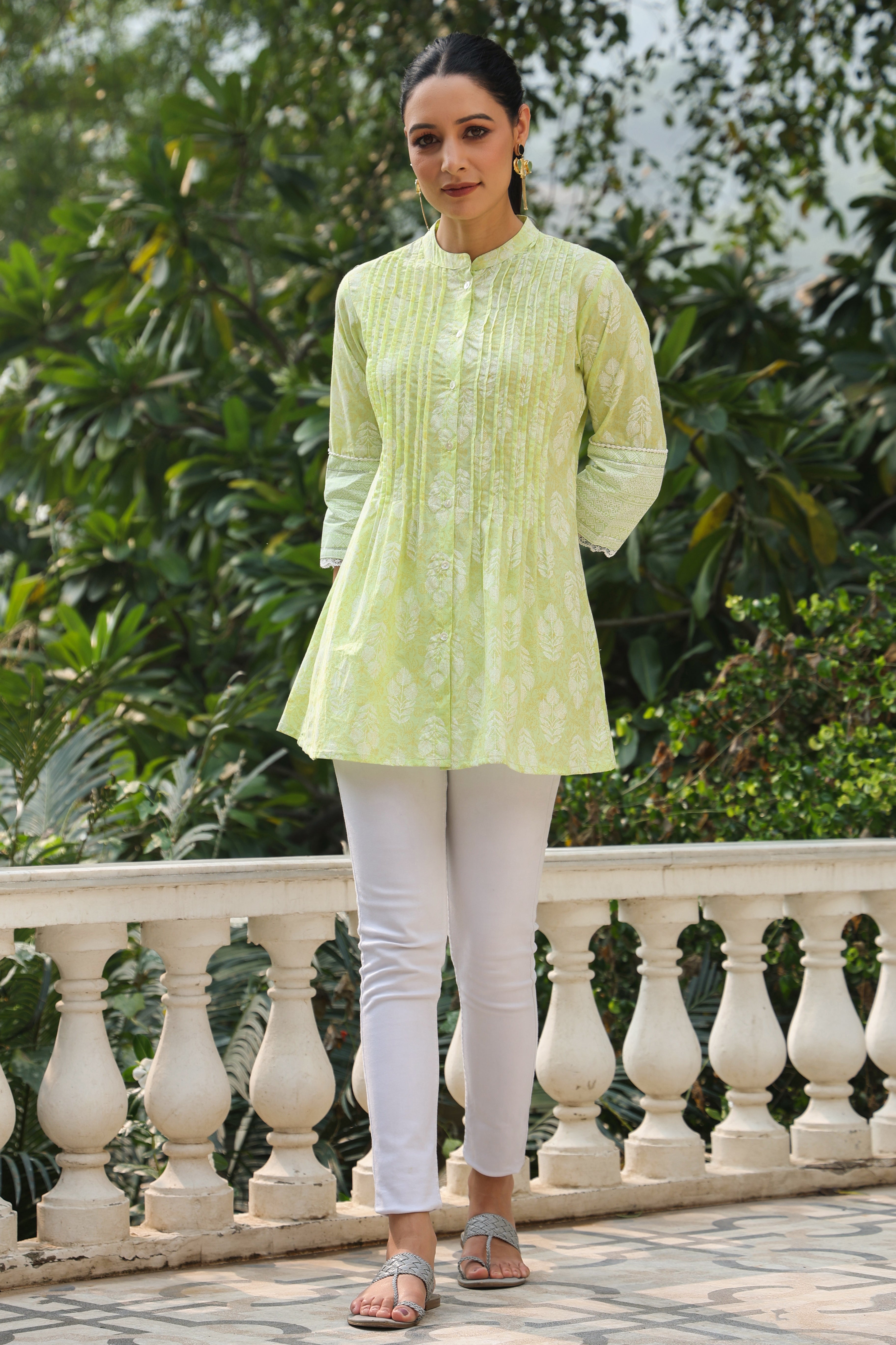 Juniper Lime Green Ethnic Motif Printed Pure Cotton A-Line Tunic With Lace Work