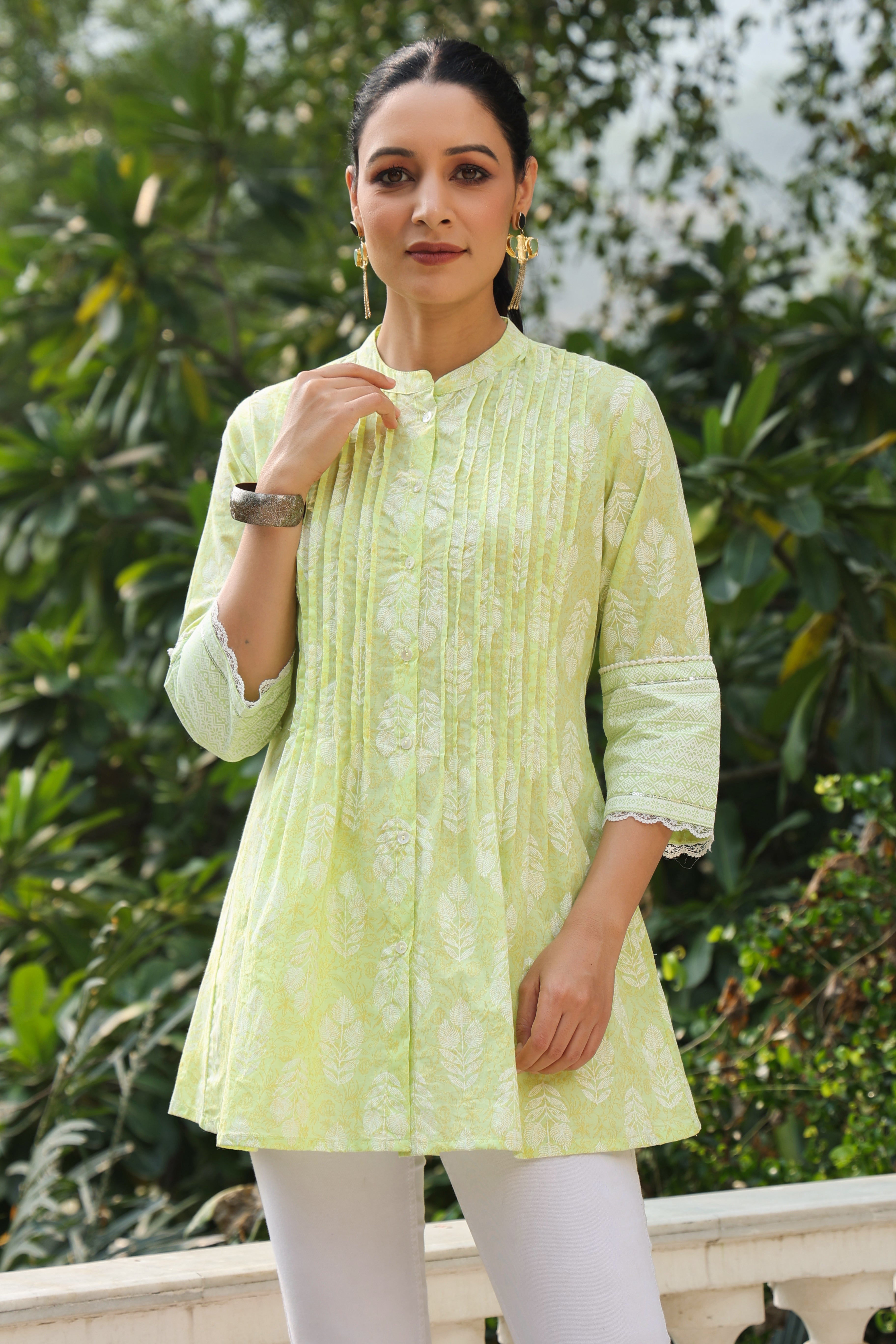 Juniper Lime Green Ethnic Motif Printed Pure Cotton A-Line Tunic With Lace Work