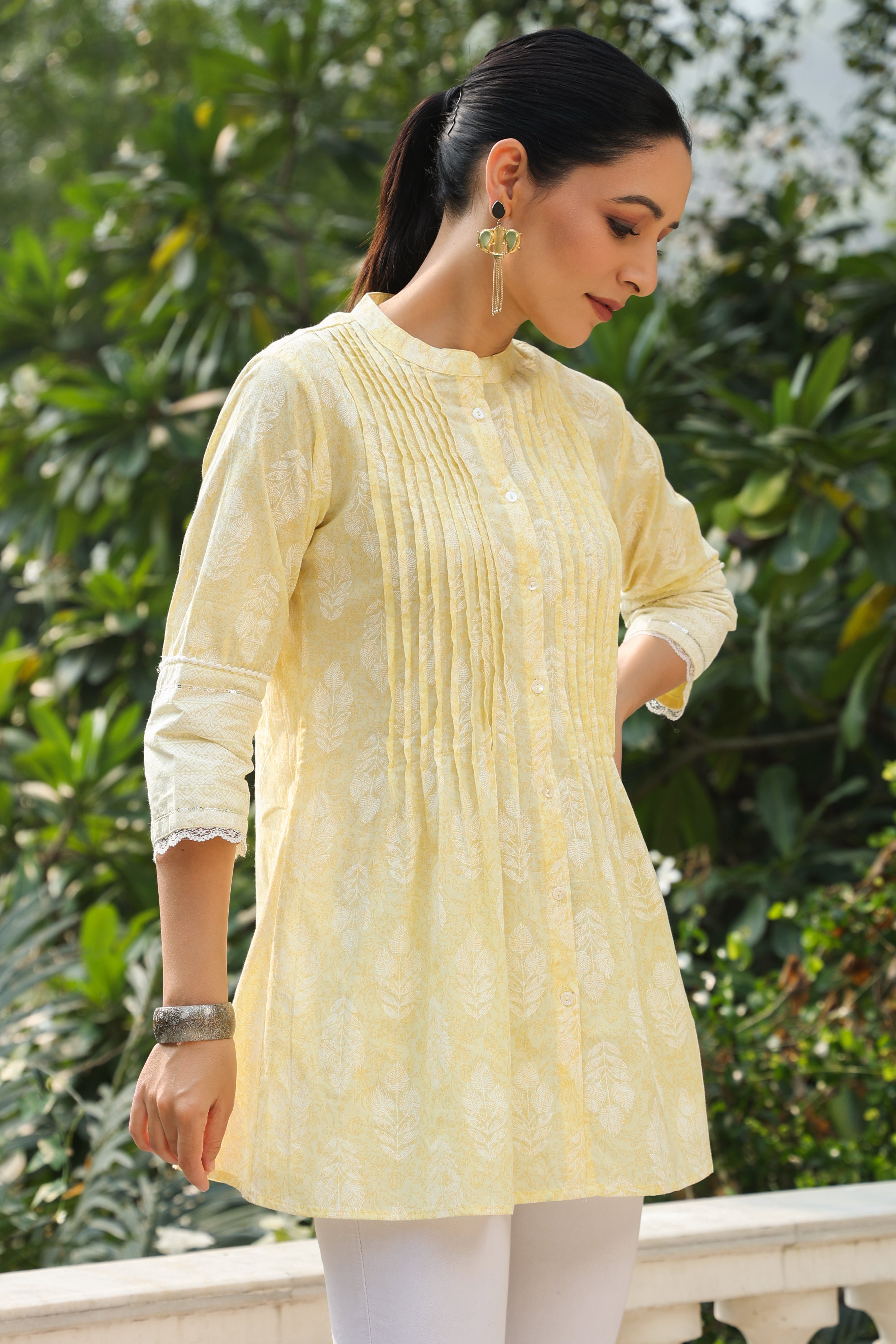 Juniper Limeyellow Cambric Printed A-Line Tunic