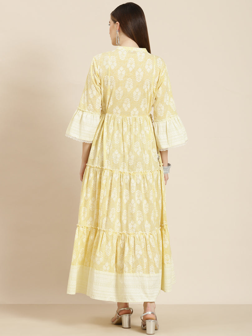 Juniper Limeyellow Cambric Printed Tiered Dress