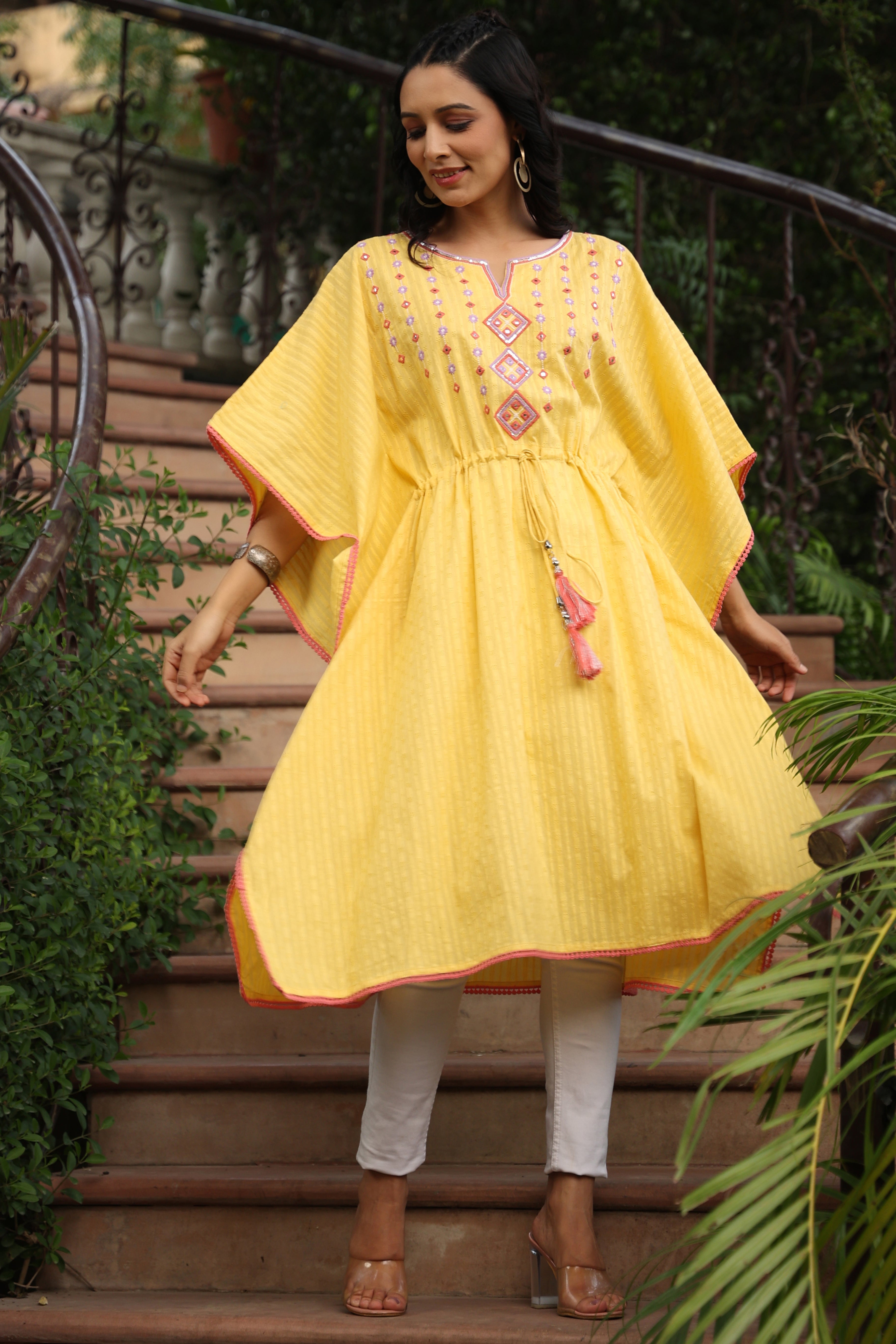 Juniper Yellow Cotton Dobby Embroidered Straight Kaftan