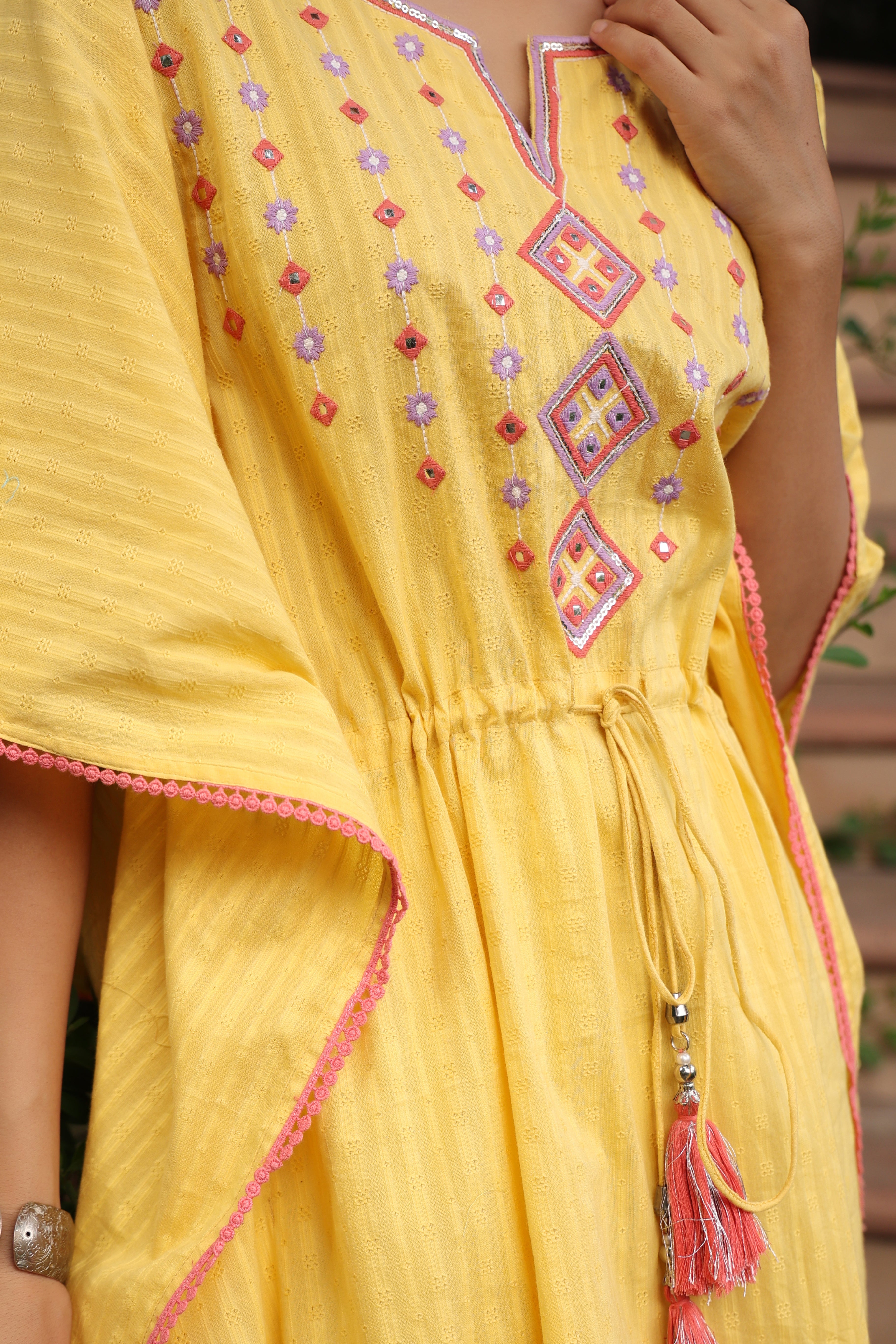Juniper Yellow Cotton Dobby Embroidered Straight Kaftan