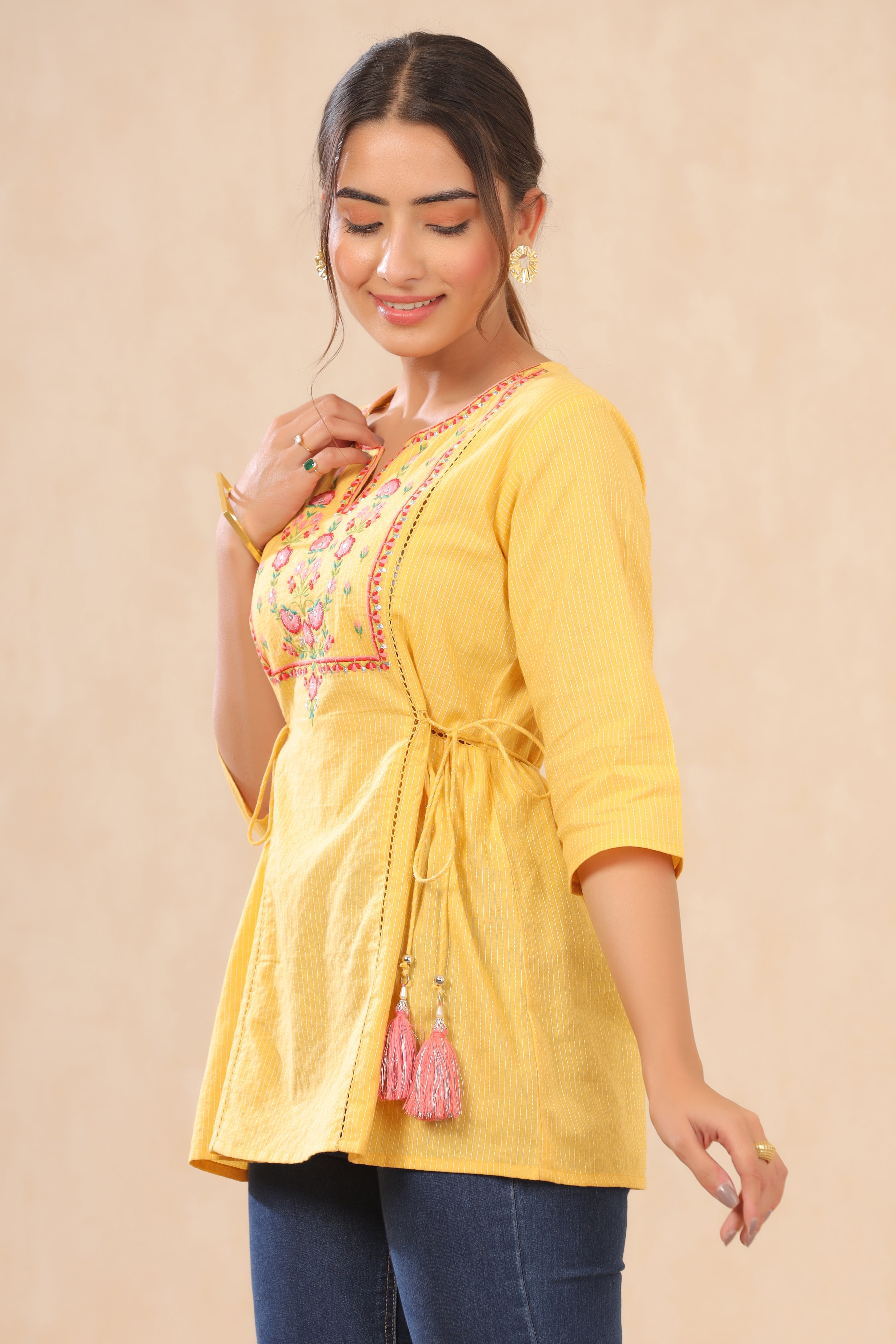 Juniper yellow cotton dobby embroiderd tunic