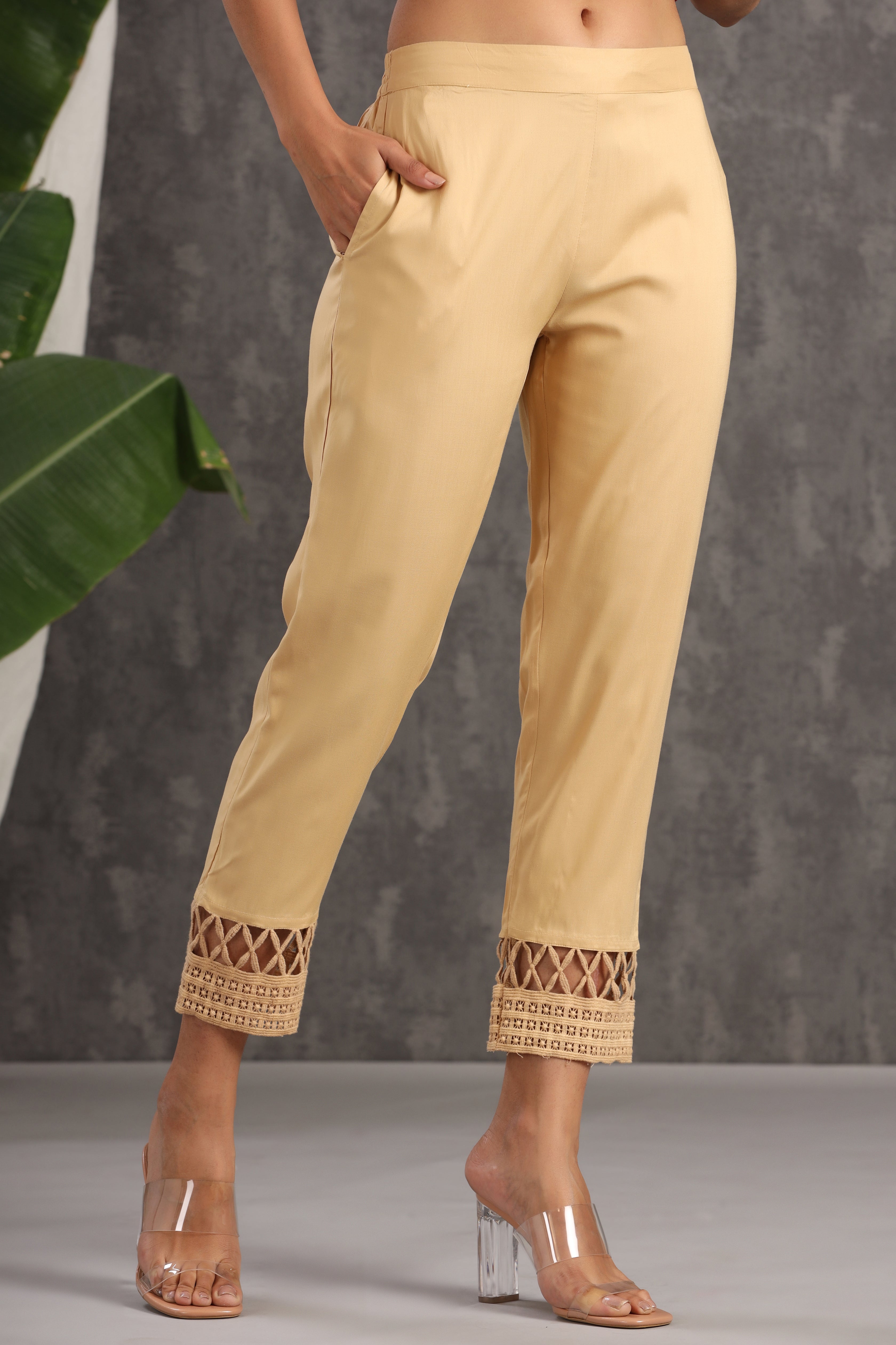 Buy online Gold Solid Straight Pant from Skirts, tapered pants