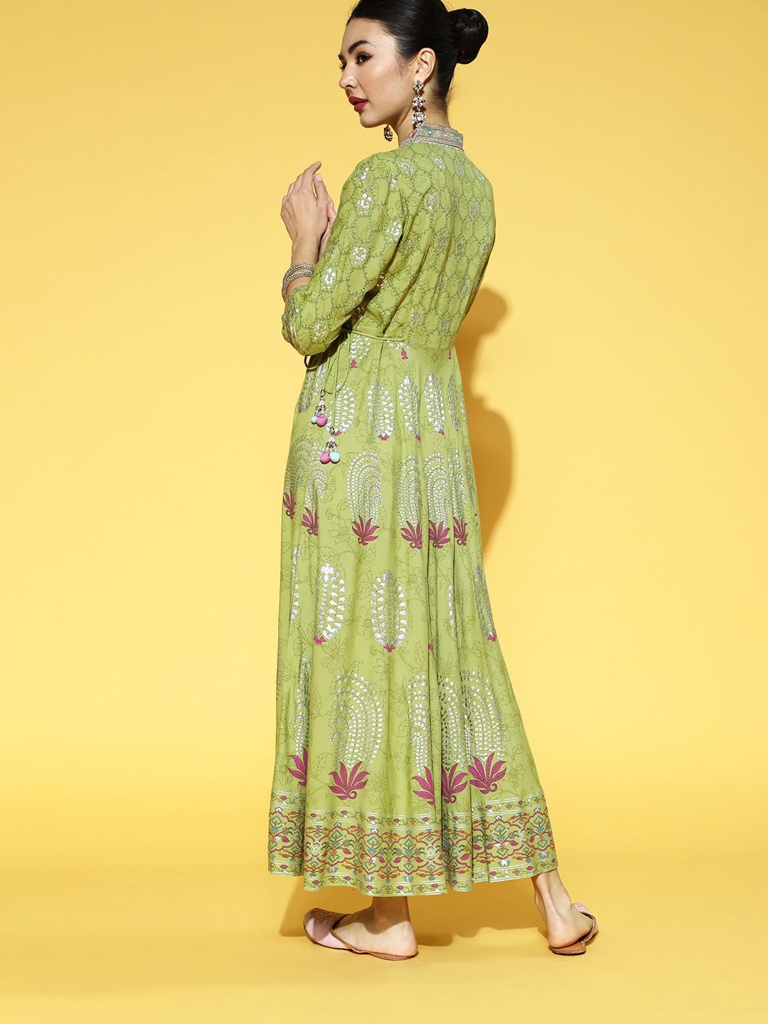 Juniper Green LIVA Printed Flared Dress With Waist Tie-up