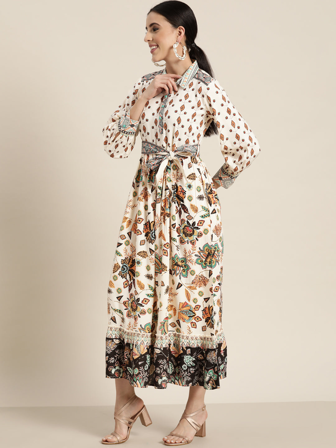 Juniper Ivory LIVA Printed Tiered Dress with Belt