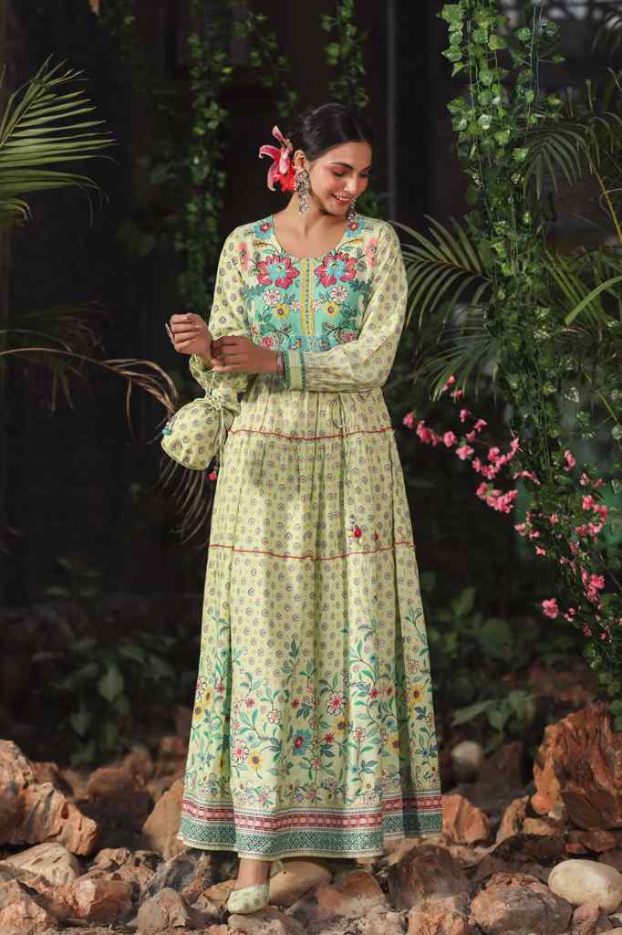 Juniper Lime Rayon Printed Tiered Dress with Tie-up Dori