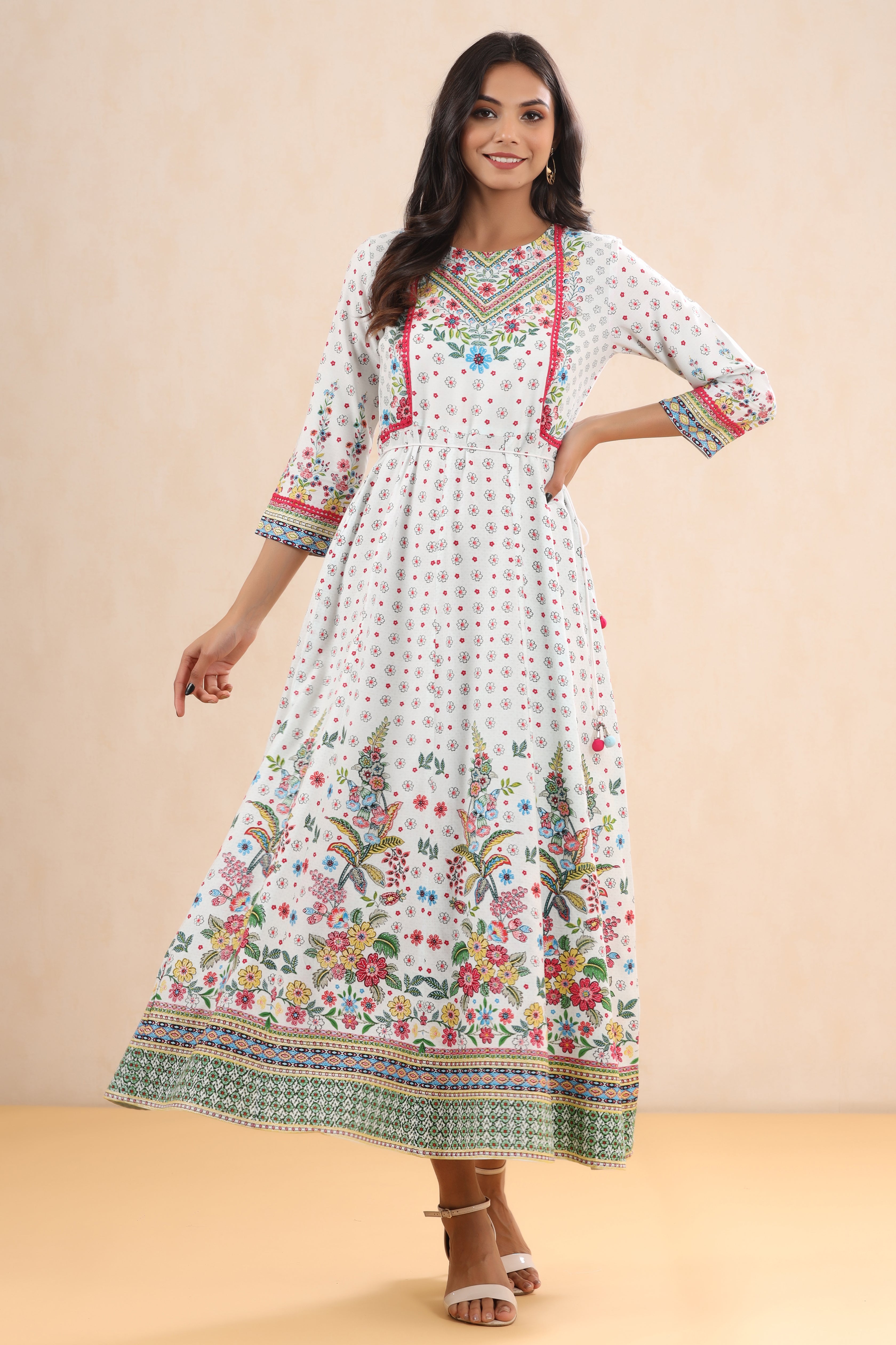 Juniper White LIVA Printed Anarkali Dress with Tie-up Dori