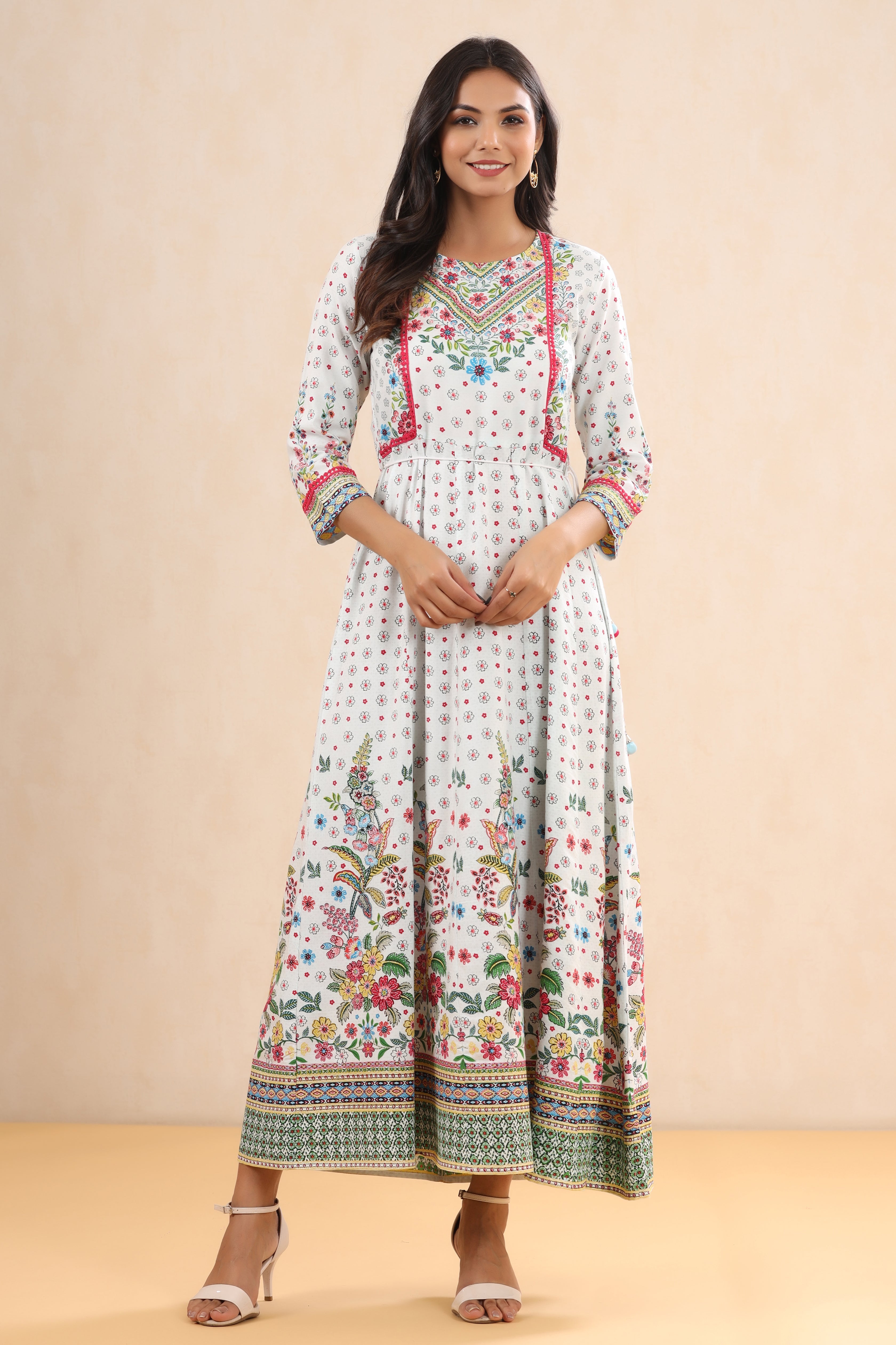 Juniper White LIVA Printed Anarkali Dress with Tie-up Dori