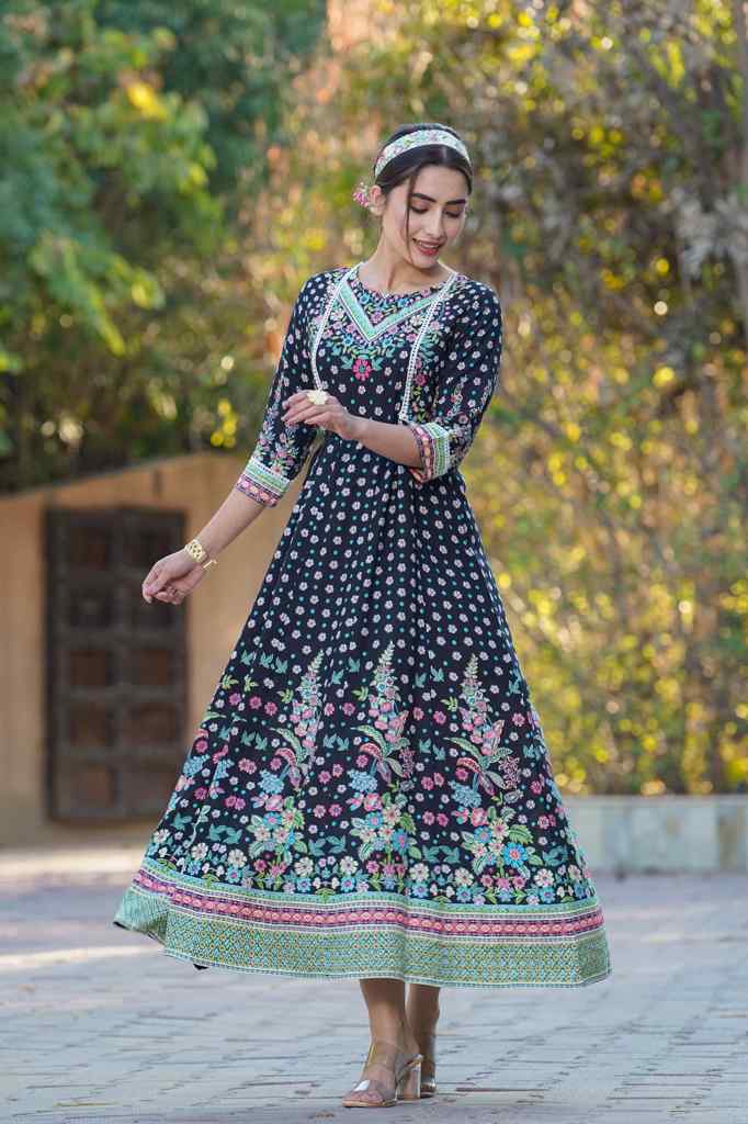 Juniper Black LIVA Rayon Printed Anarkali Dress with Tie-up Dori