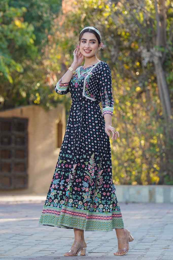 Juniper Black Festive Floral Printed Rayon Anarkali Dress.