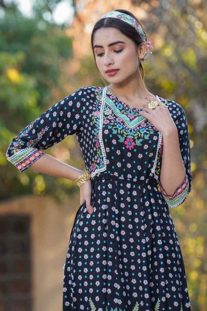 Juniper Black LIVA Printed Anarkali Dress with Tie-up Dori