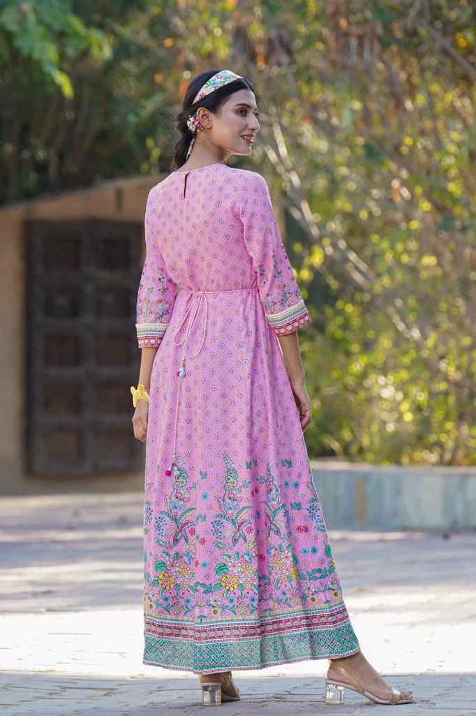 Juniper Pink LIVA Printed Anarkali Dress with Tie-up Dori