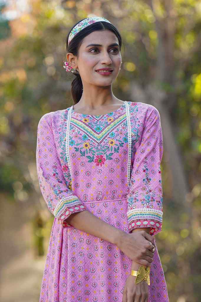 Juniper Pink LIVA Printed Anarkali Dress with Tie-up Dori