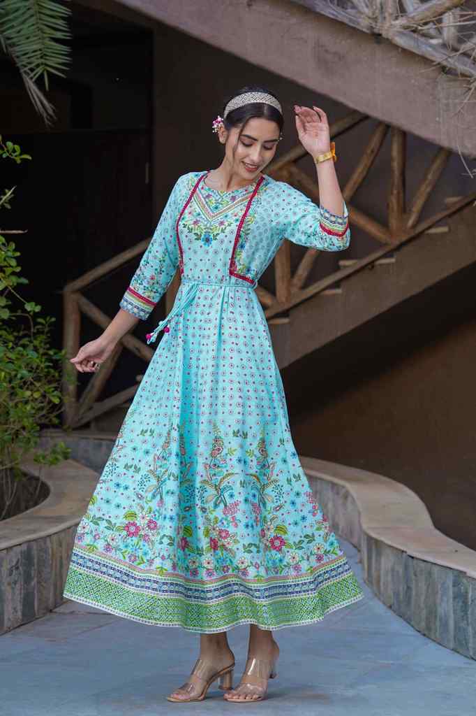 Juniper Skyblue LIVA Printed Anarkali Dress with Tie-up Dori