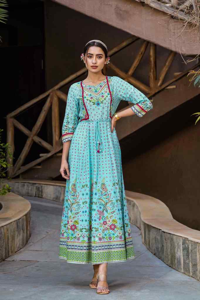Juniper Skyblue LIVA Printed Anarkali Dress with Tie-up Dori