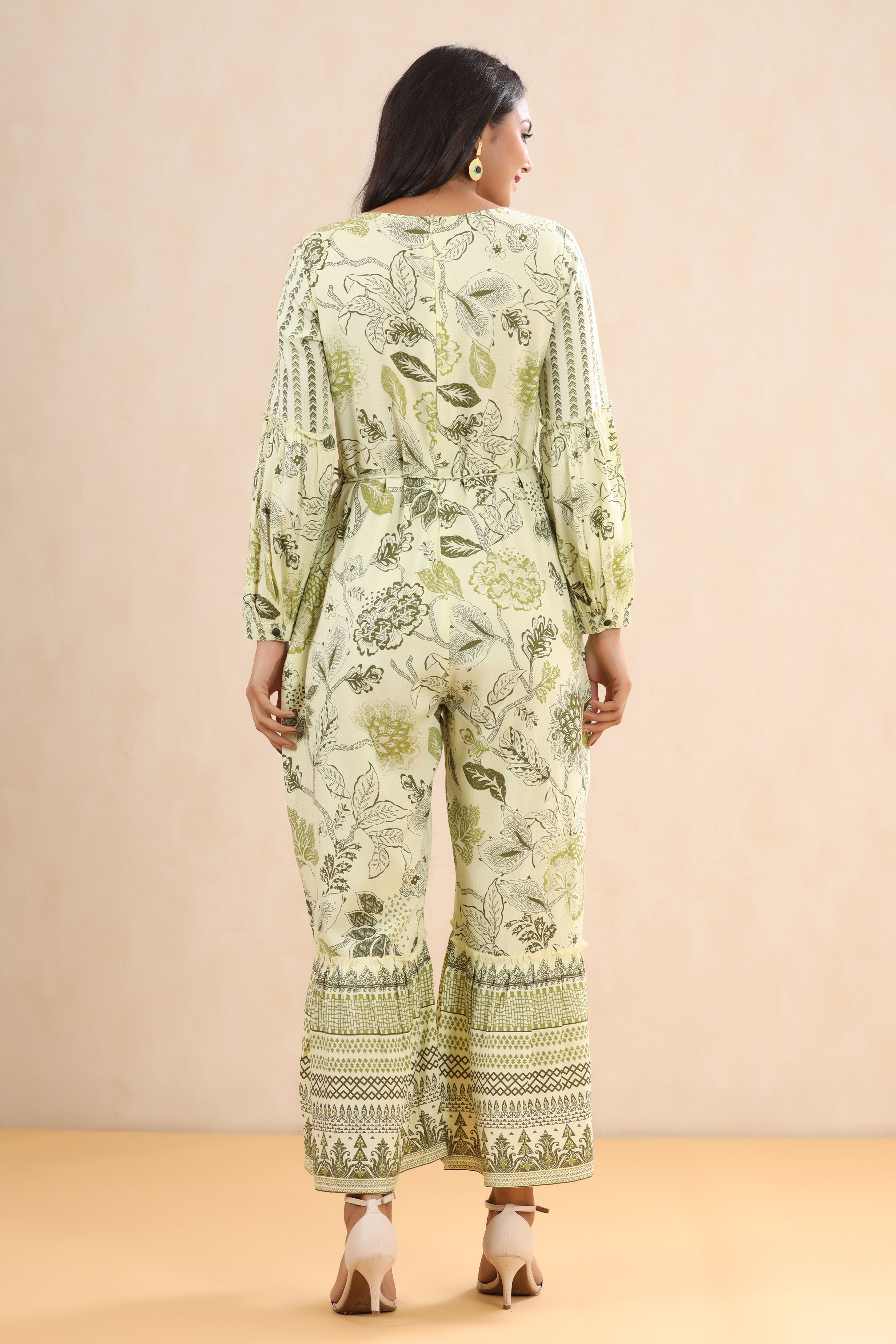 Juniper Light Olive LIVA Rayon Printed Ethnic Jumpsuit with Belt