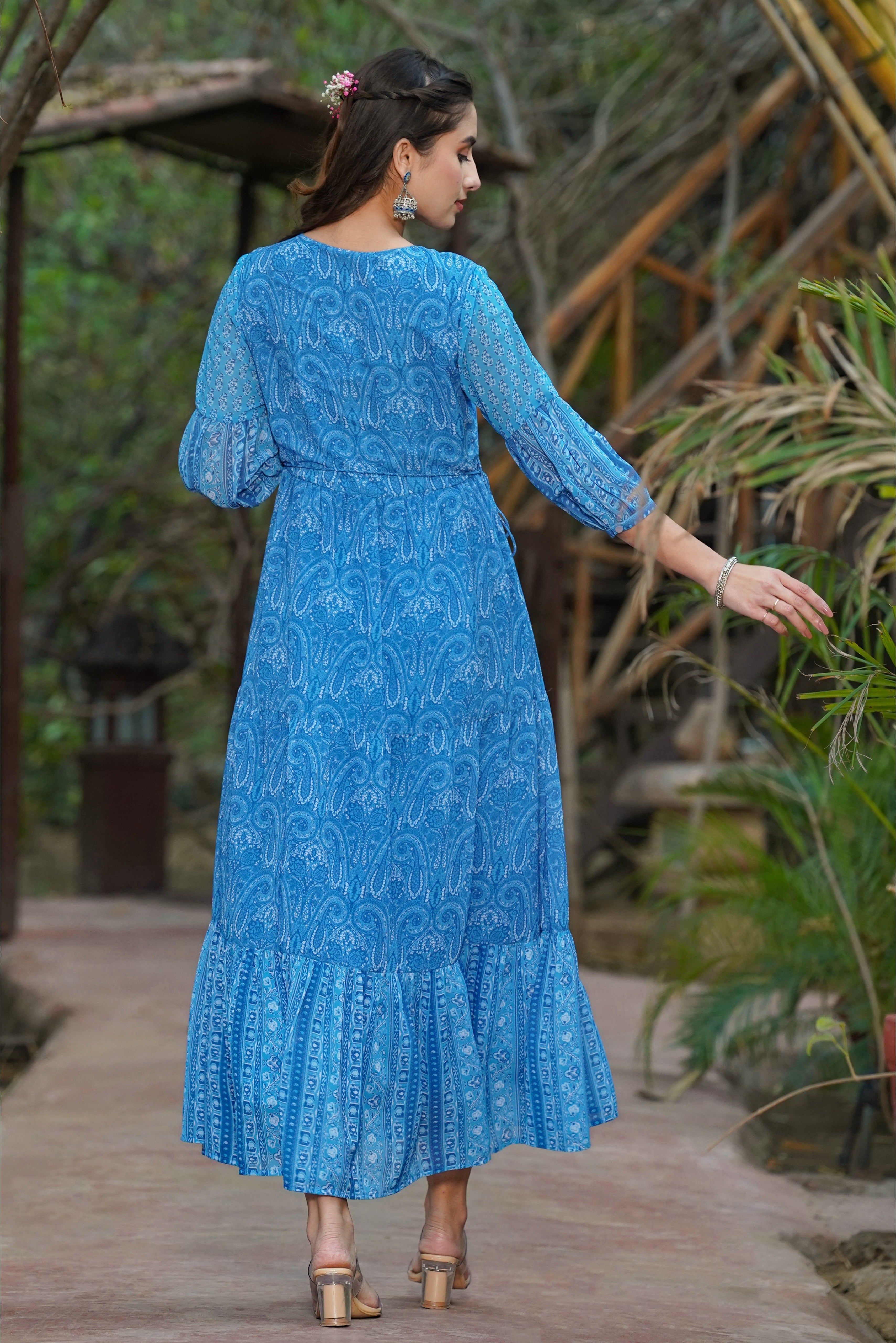 Juniper Blue Paisley Printed Georgette Tiered Maxi Dress.