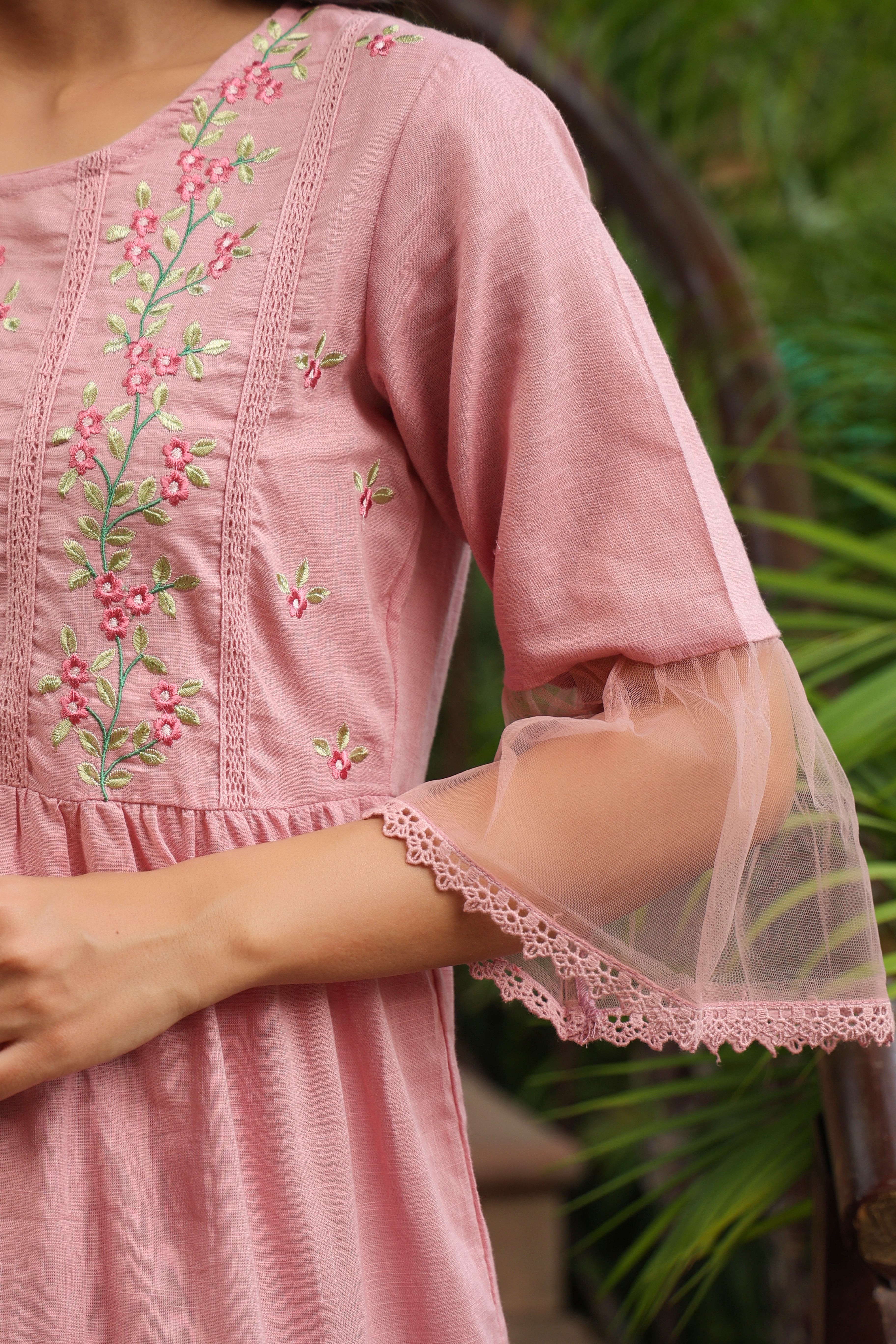 Juniper Blushpink Cotton Slub Embroidered Tiered Dress