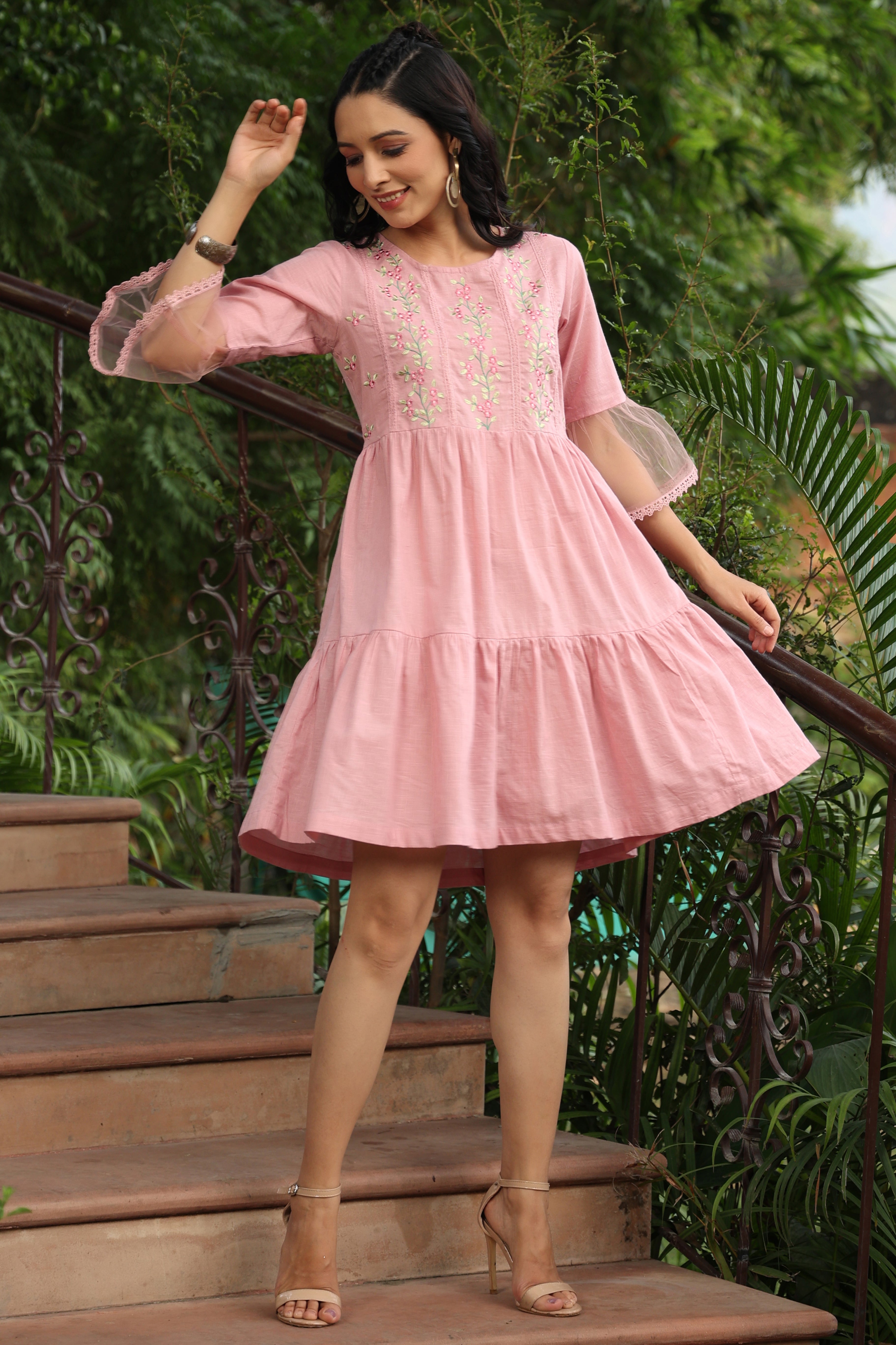 Juniper Blush Pink Floral Printed Cotton Slub Tiered Short Dress With Thread Work Embroidery