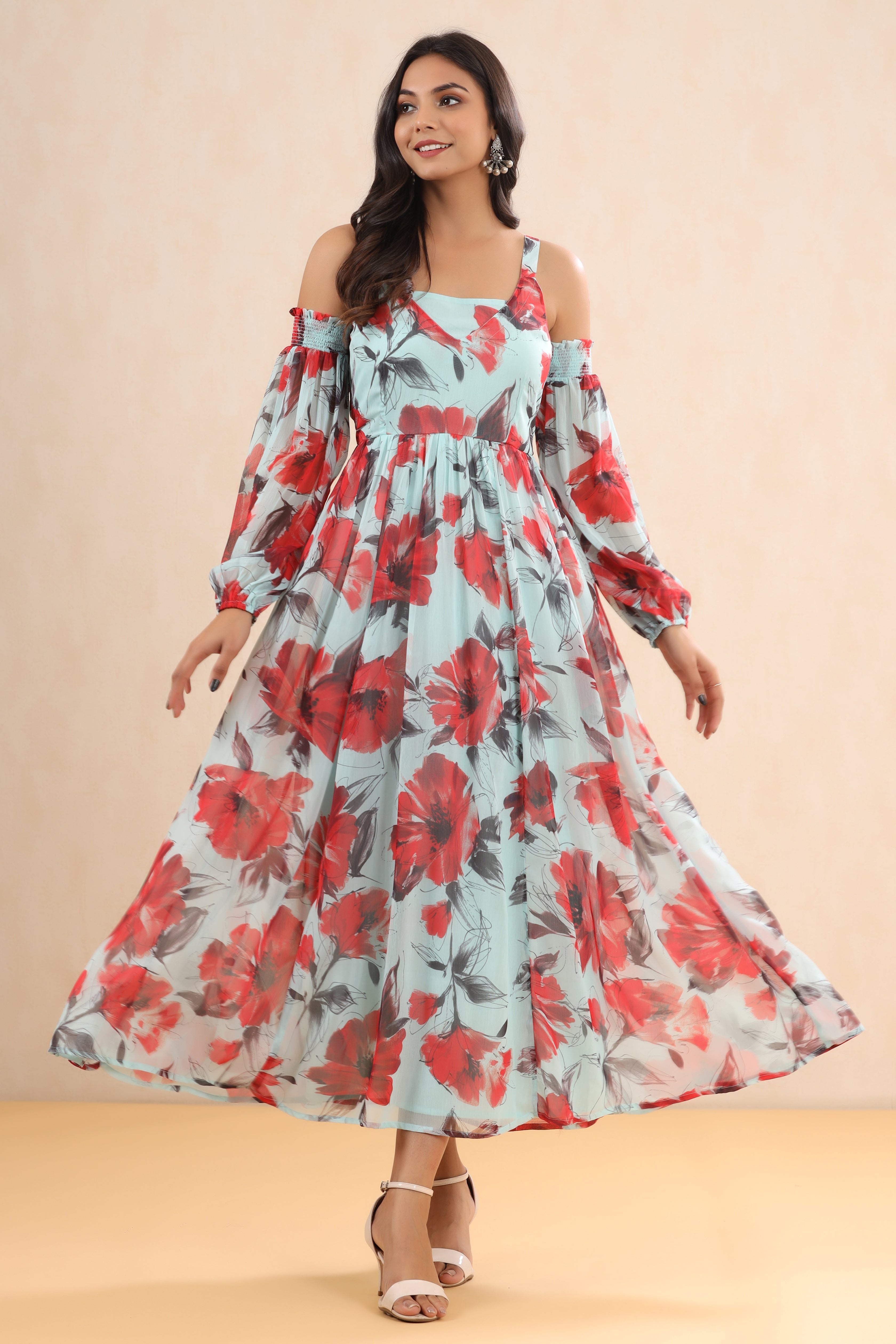 Juniper Mint Floral Printed Chiffon Maxi Dress With Adjustable Straps & Cold Shoulder