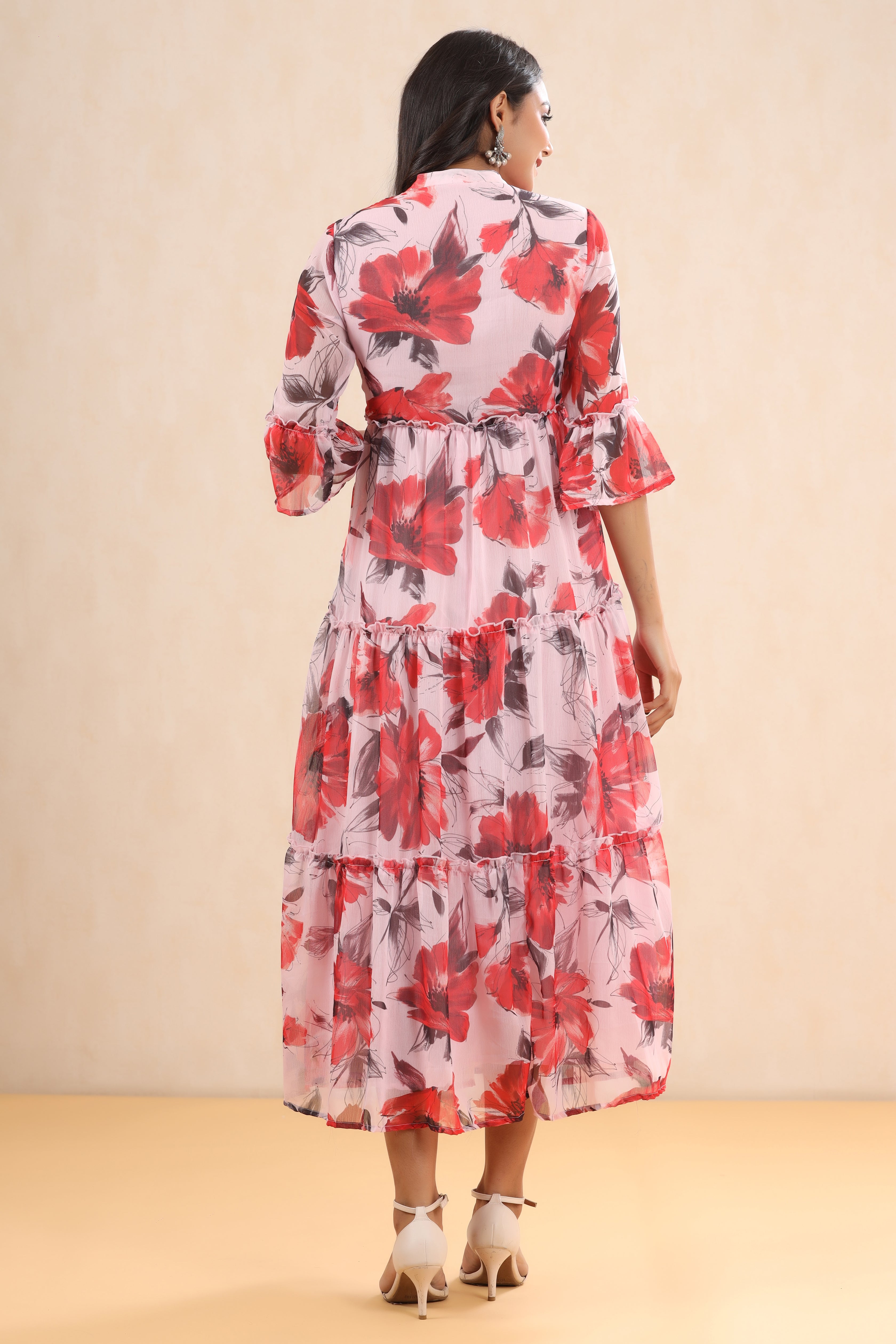 Juniper Pink Floral Printed Chiffon Maxi Dress With Buttons & Beads