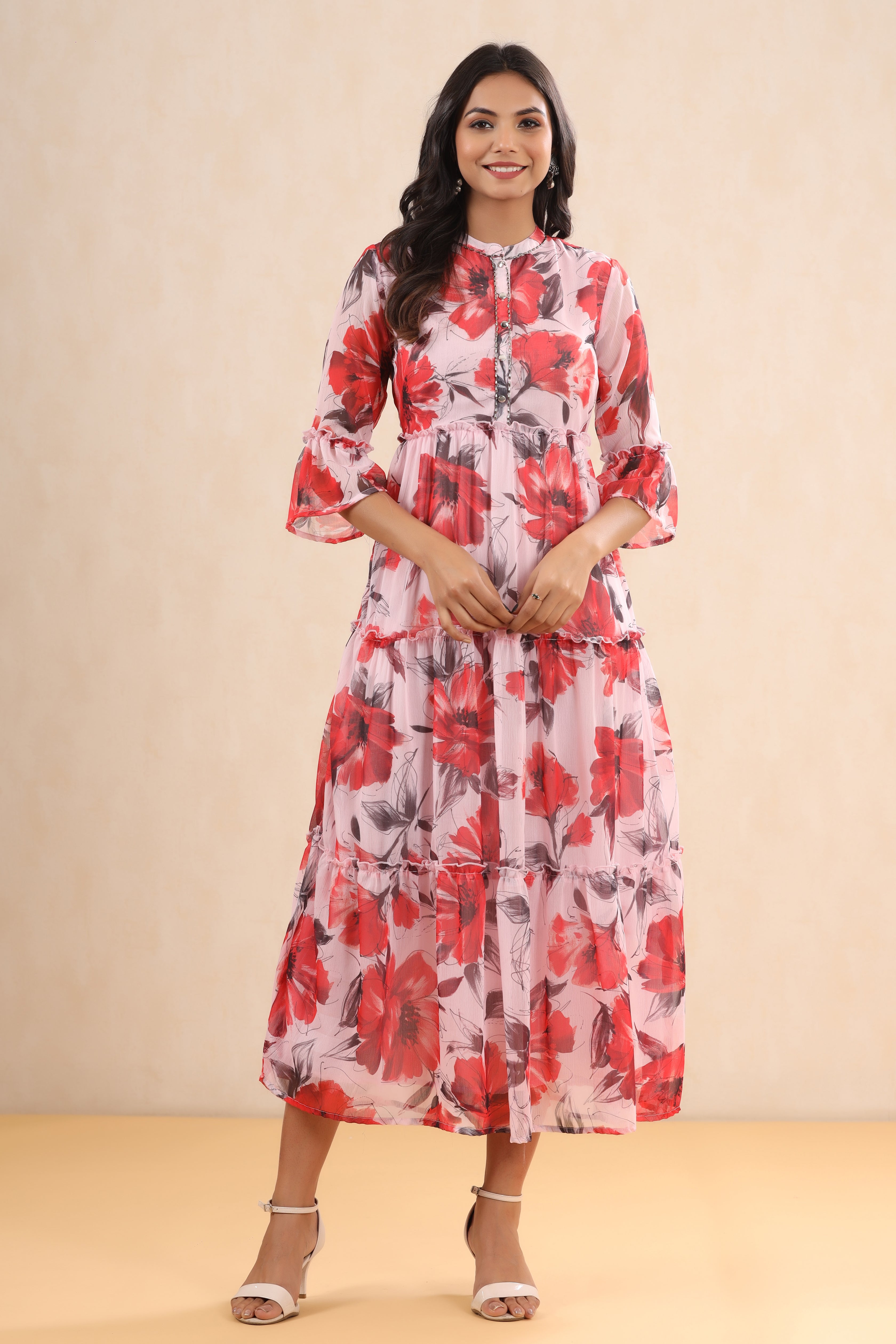 Juniper Pink Floral Printed Chiffon Maxi Dress With Buttons & Beads