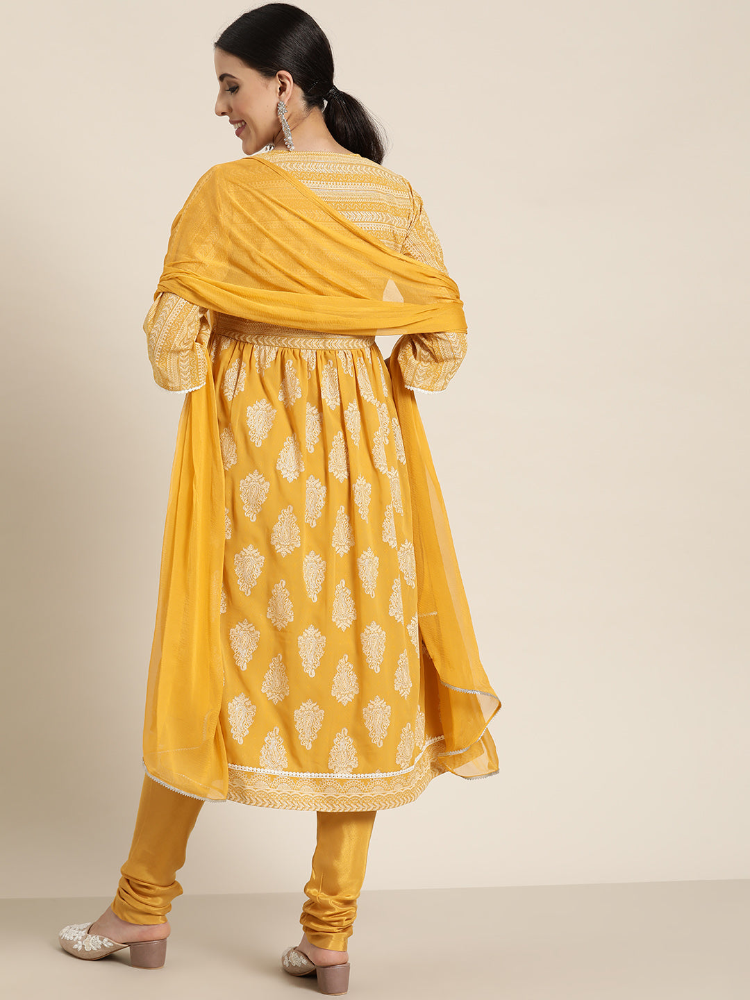 Juniper Yellow Ethnic Motif Printed Georgette Kurta Churidar & Chiffon Dupatta Set With Lace Work