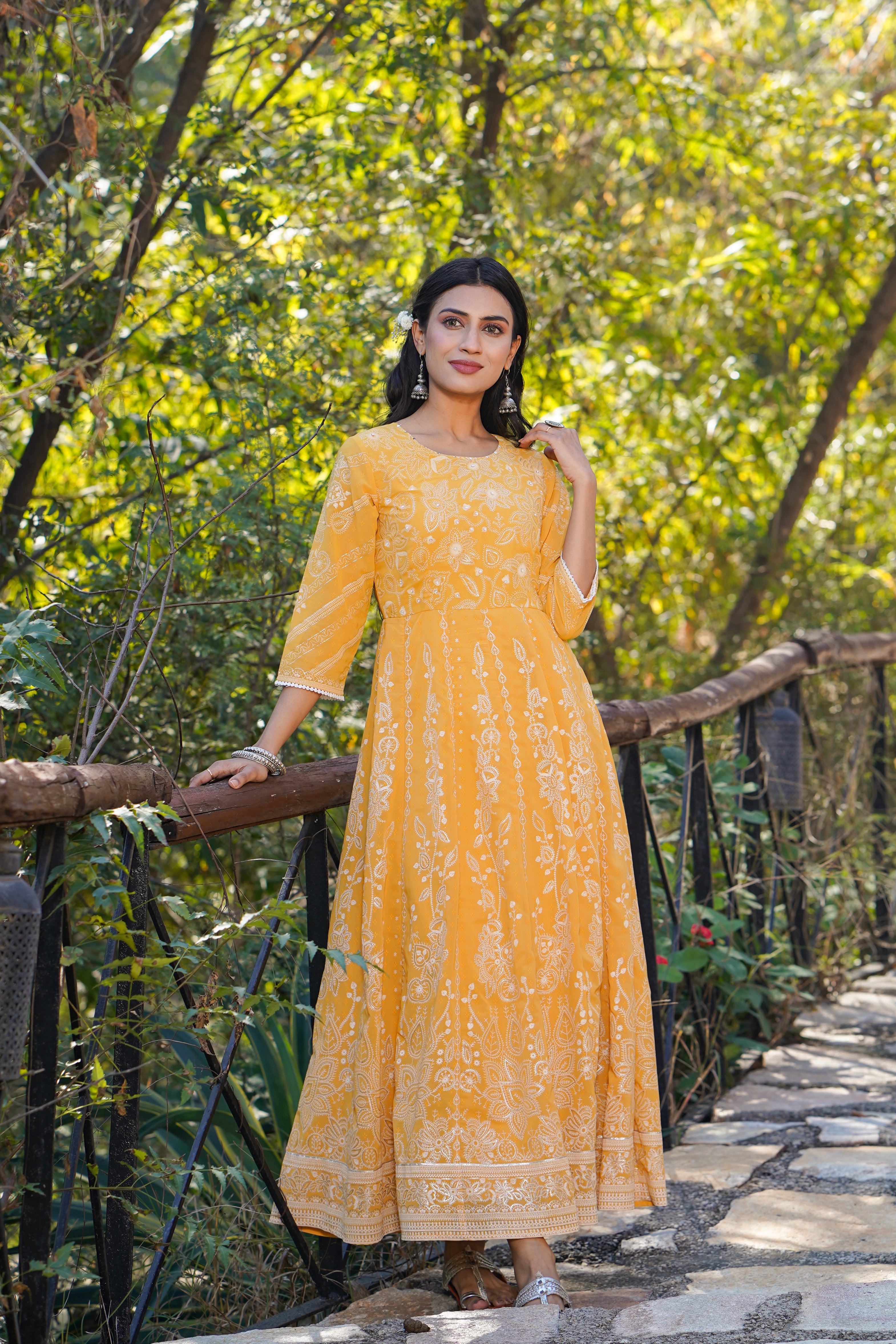 Juniper Yellow Floral Printed Georgette Maxi Dress With Beads Kantha Work & Sequins At Neckline