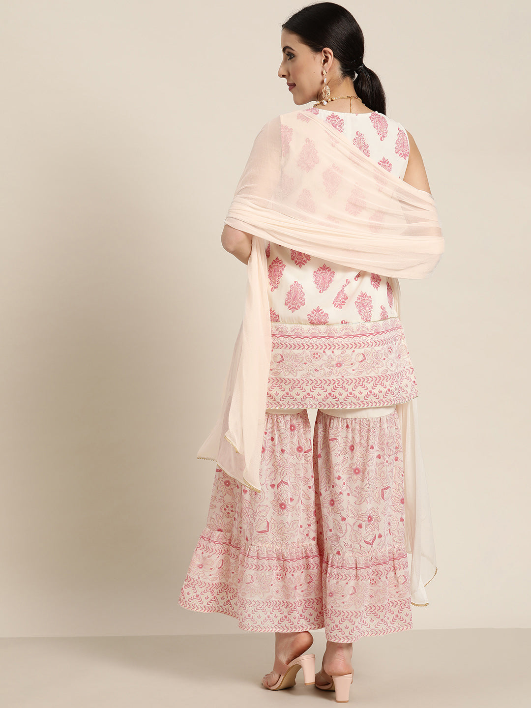 Juniper Pink & Multi Georgette Printed Straight Kurta Sharara Dupatta Set