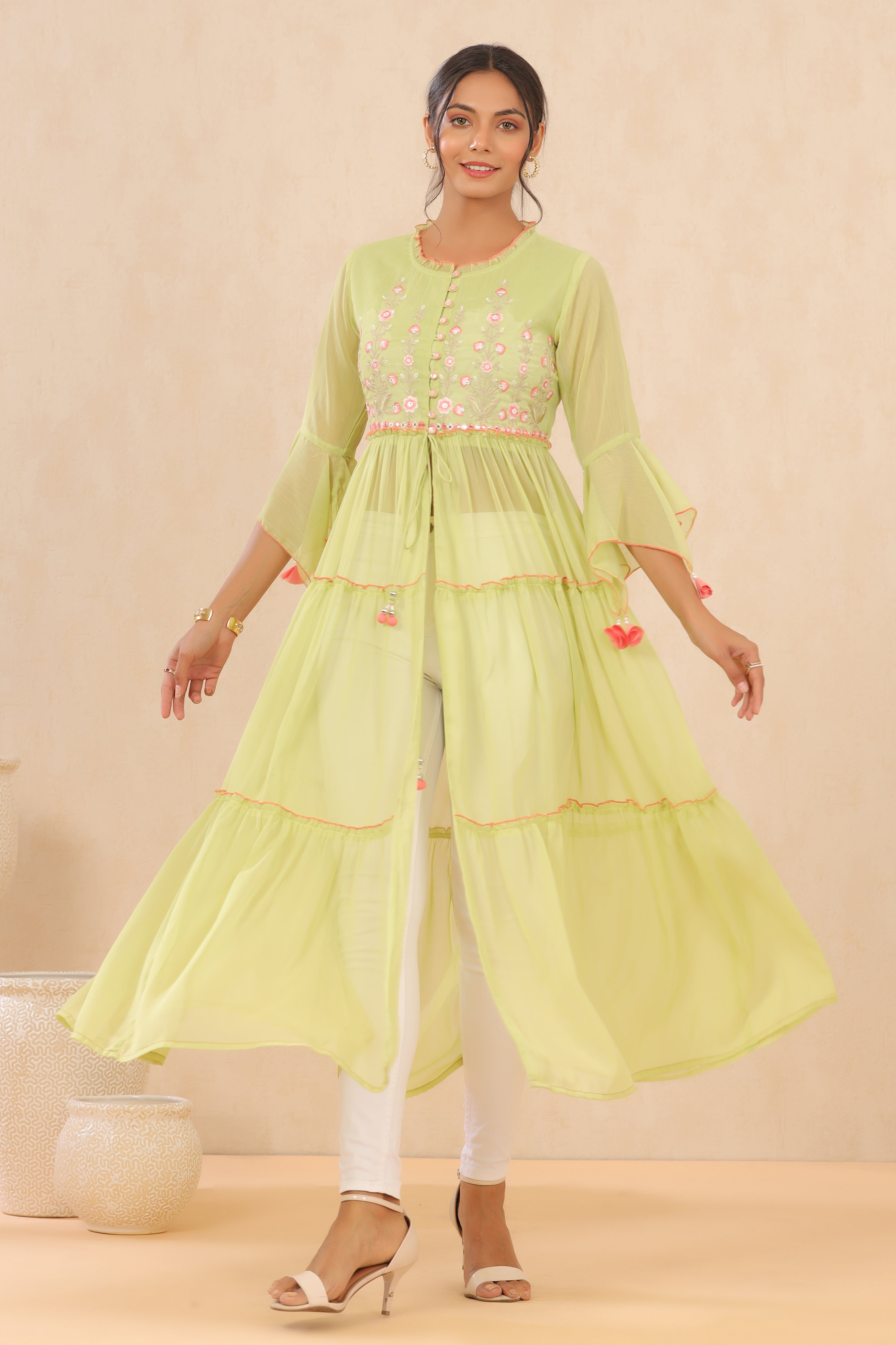Juniper Green Floral Printed Chiffon Tiered Kurta With Thread Work Embroidery