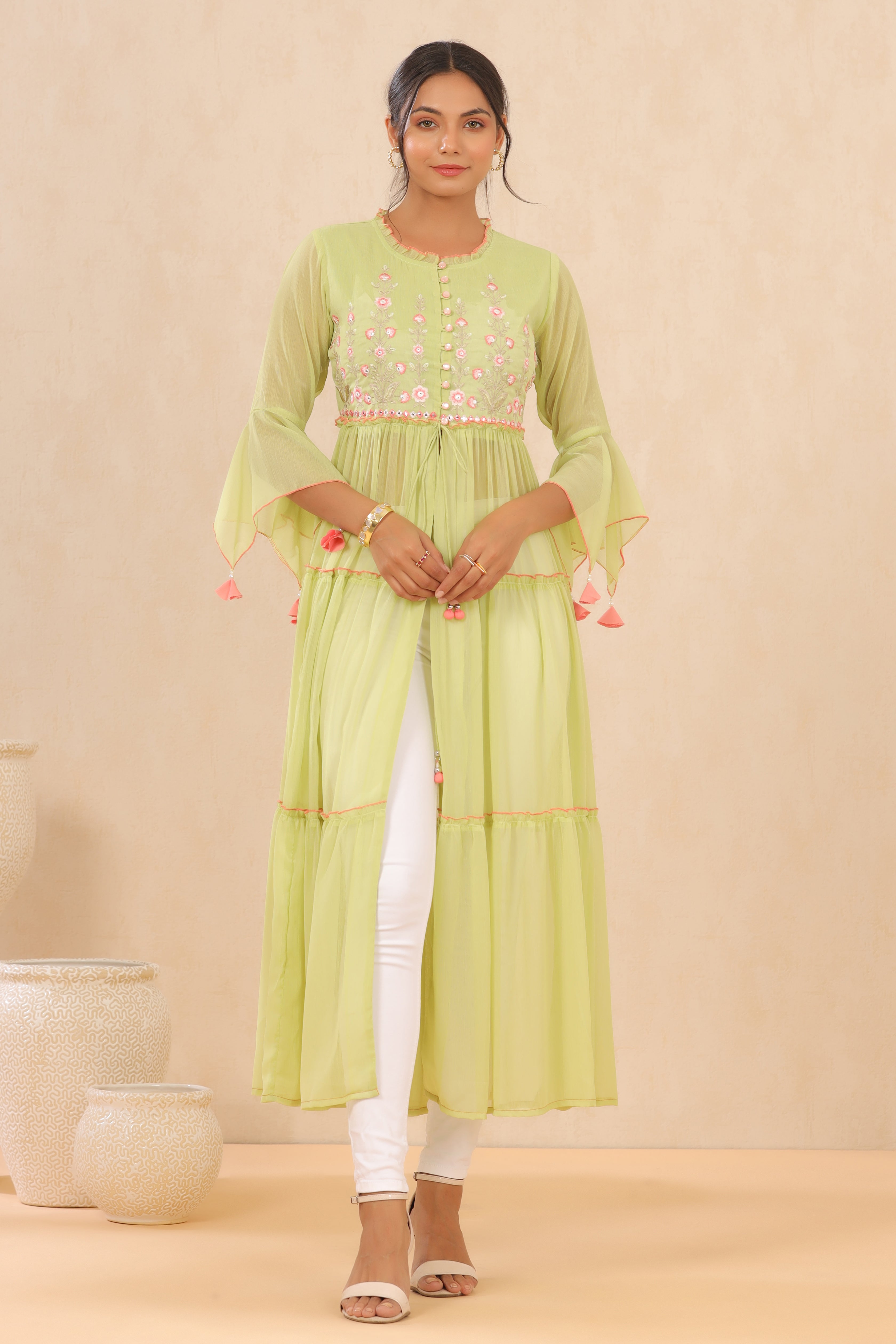 Juniper Green Floral Printed Chiffon Tiered Kurta With Thread Work Embroidery