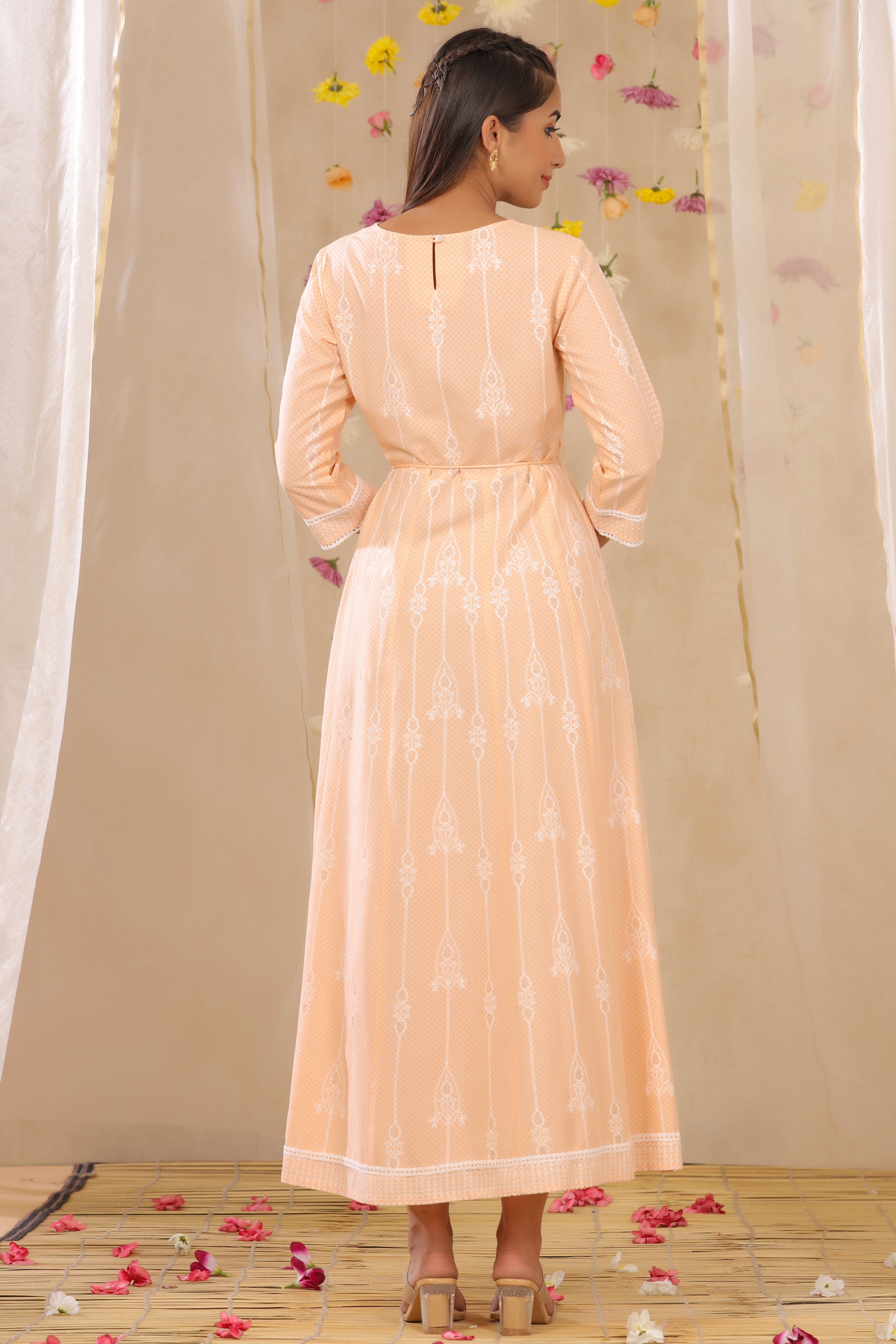 Juniper Peach LIVA Printed Anarkali Dress with Tie-up Dori