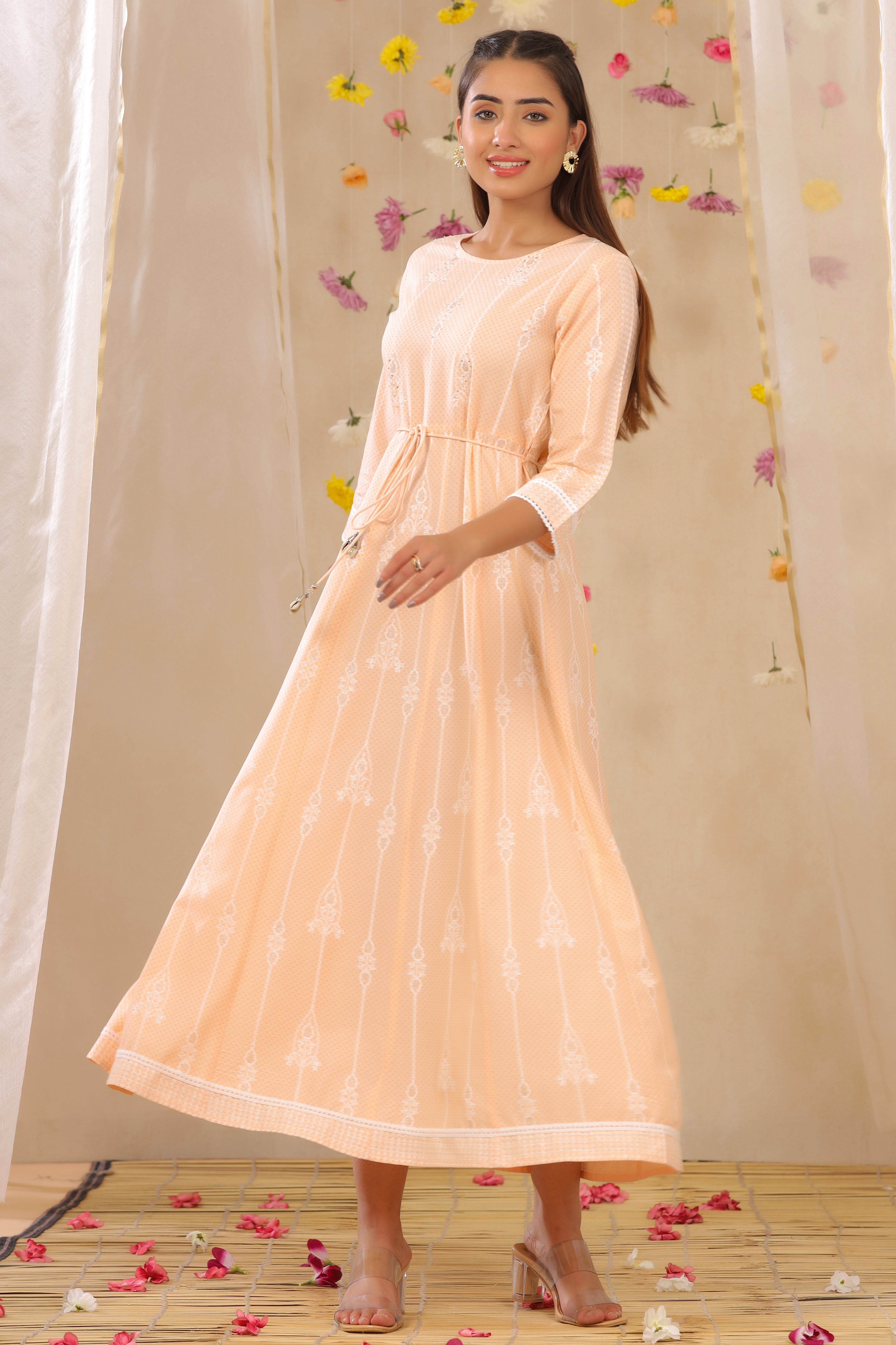 Juniper Peach LIVA Printed Anarkali Dress with Tie-up Dori