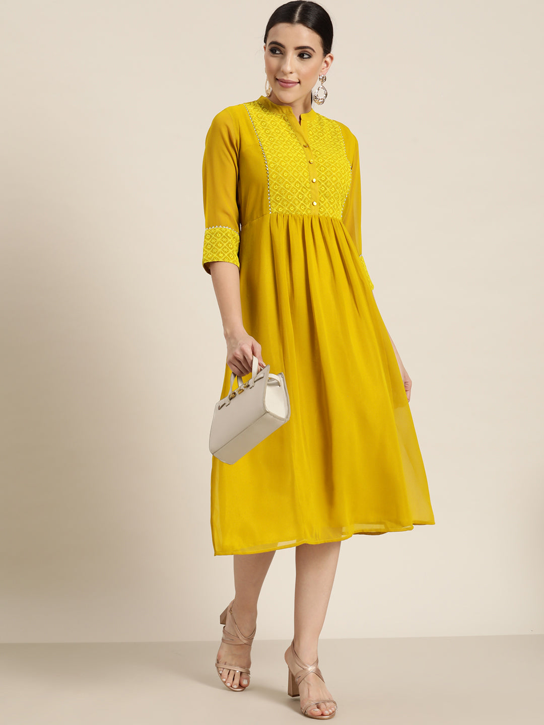 Juniper Mustard Georgette Lacy Midi Dress With Yoke Embroidery & Show Buttons