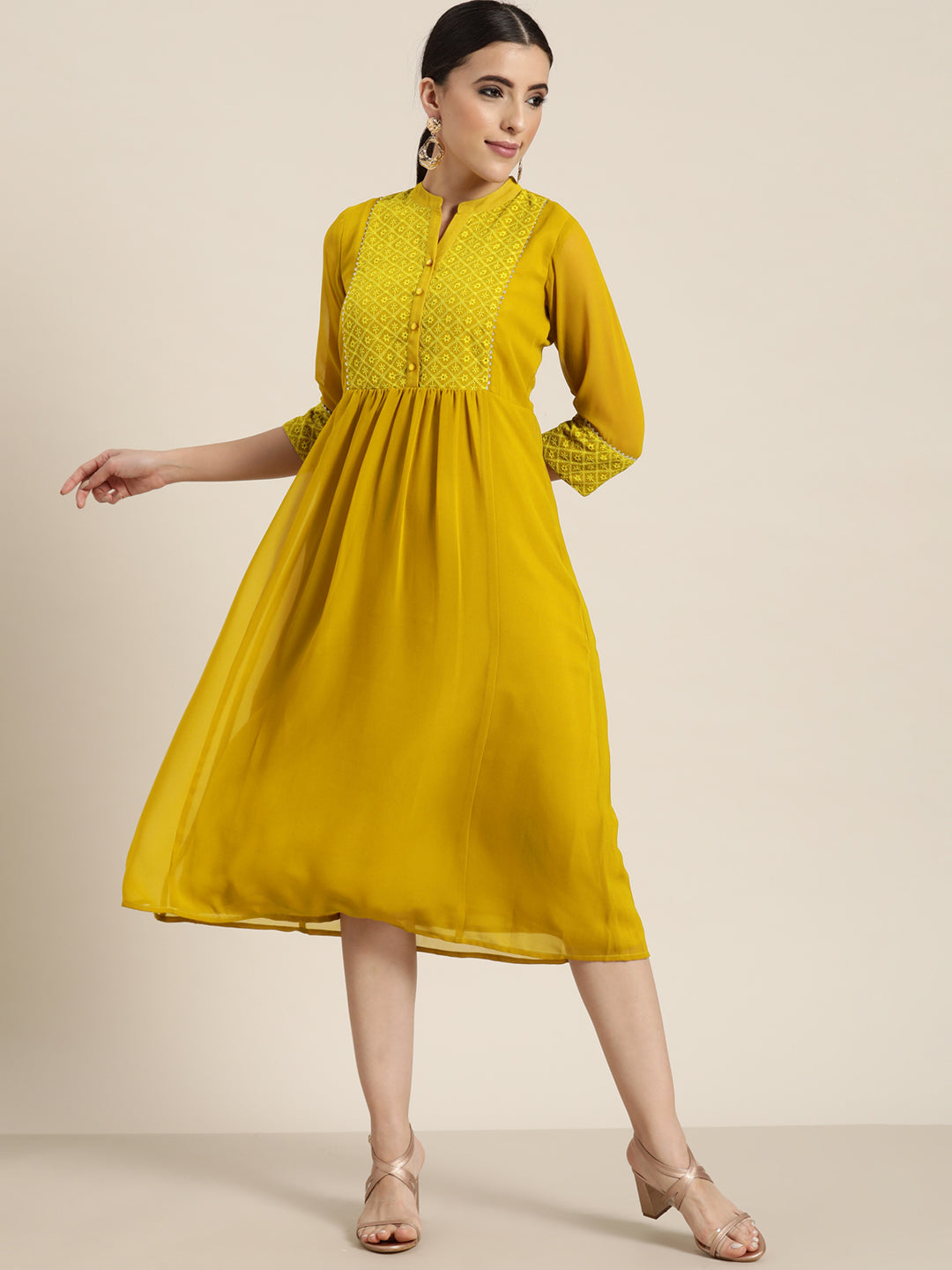 Juniper Mustard Georgette Lacy Midi Dress With Yoke Embroidery & Show Buttons