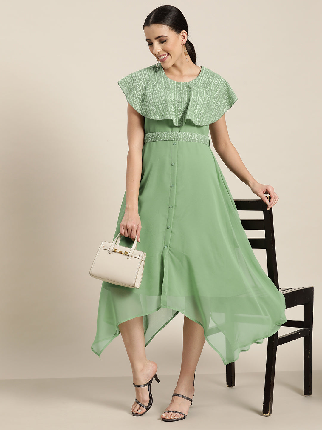 Juniper Sagegreen Georgette Embroidered Assymmetric Dress with Belt - Juniper Fashion