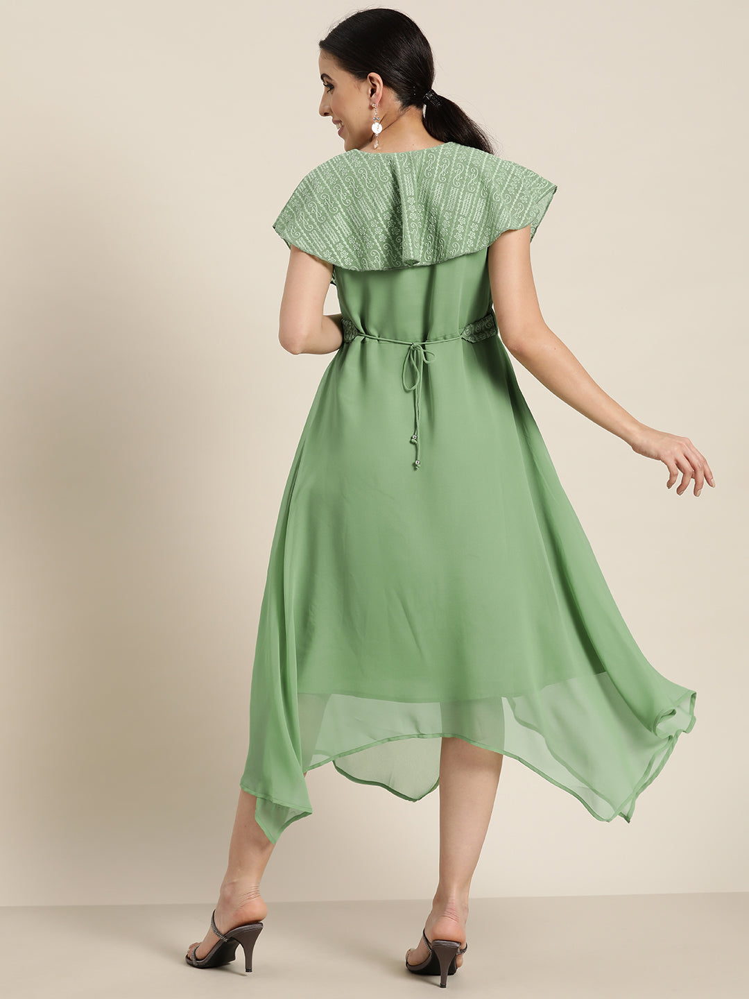 Juniper Sagegreen Georgette Embroidered Assymmetric Dress with Belt - Juniper Fashion